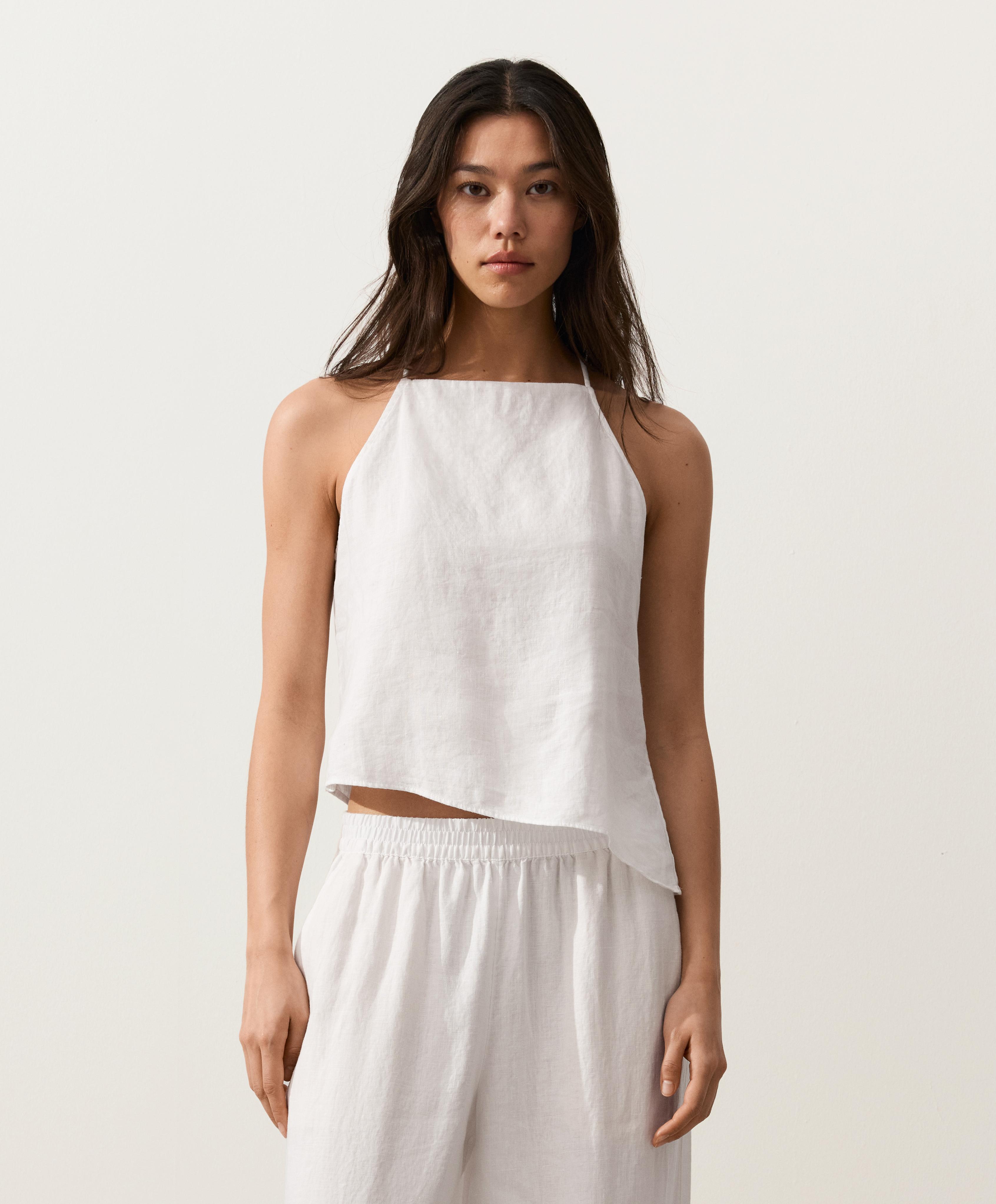Asymmetric 100% linen sleeveless top — WHITE