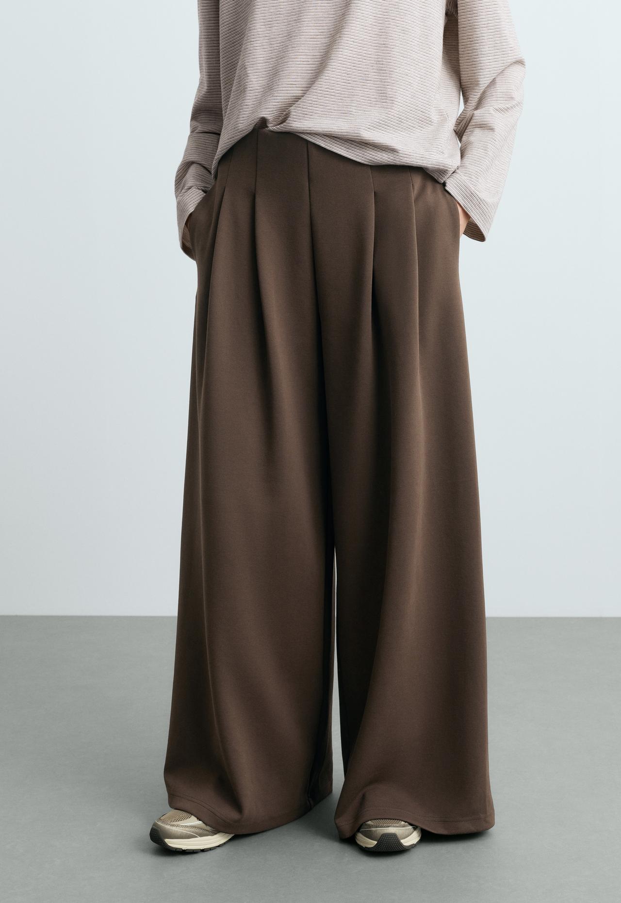 Wide-leg piqué cotton trousers — BROWN