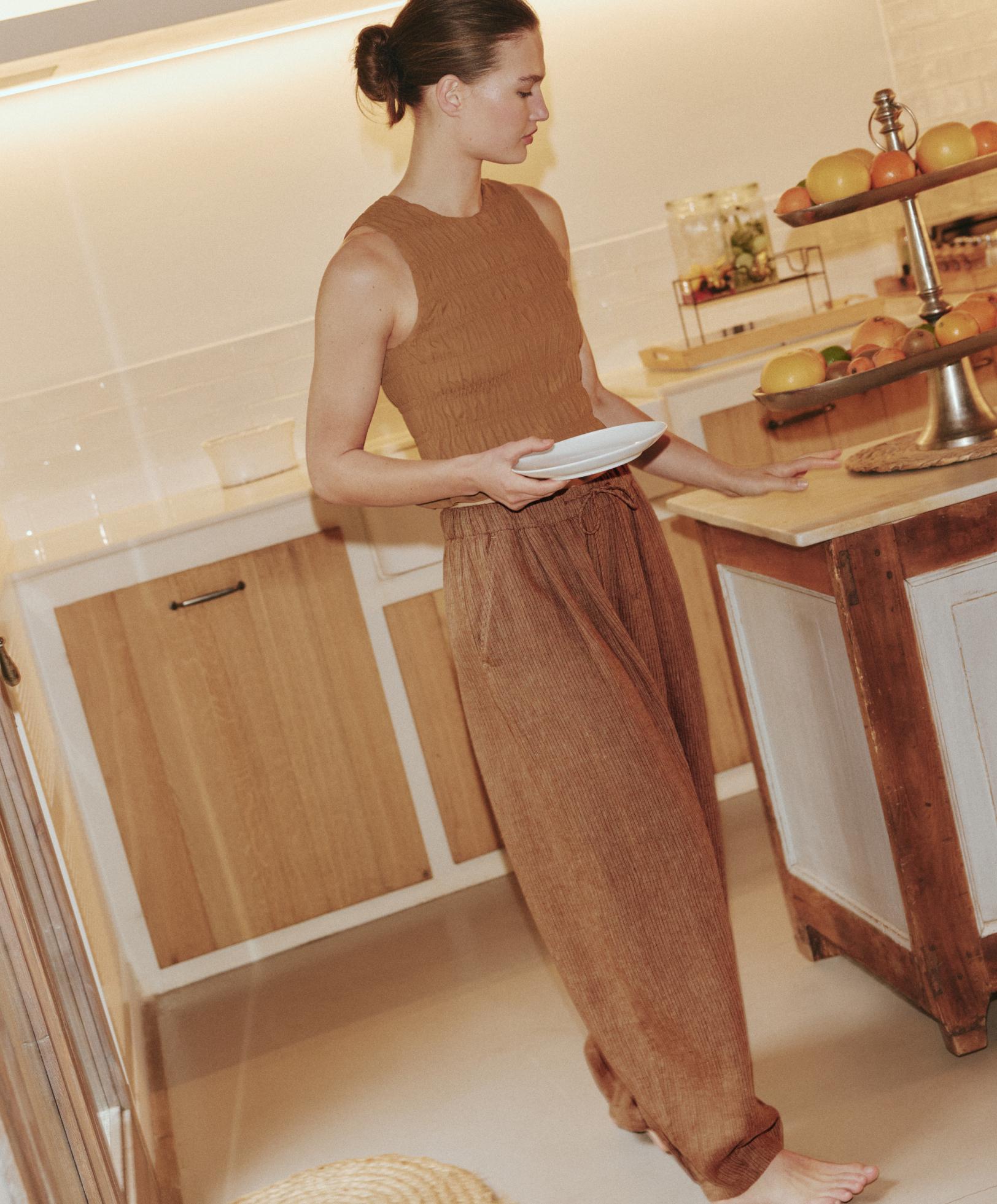100% linen striped balloon trousers — TAN MELANGE