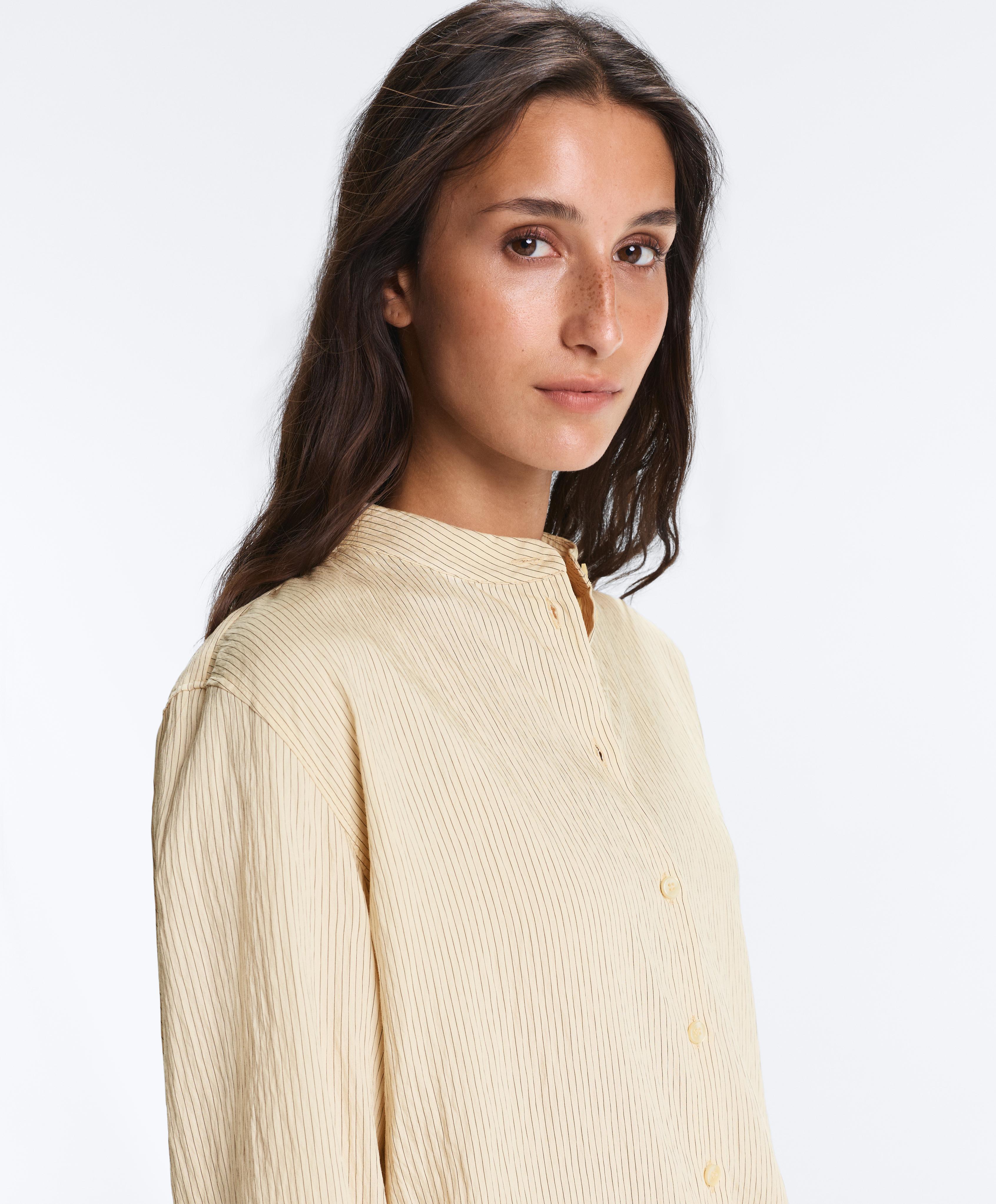 Striped modal blend stand-up collar shirt — PALE ECRU