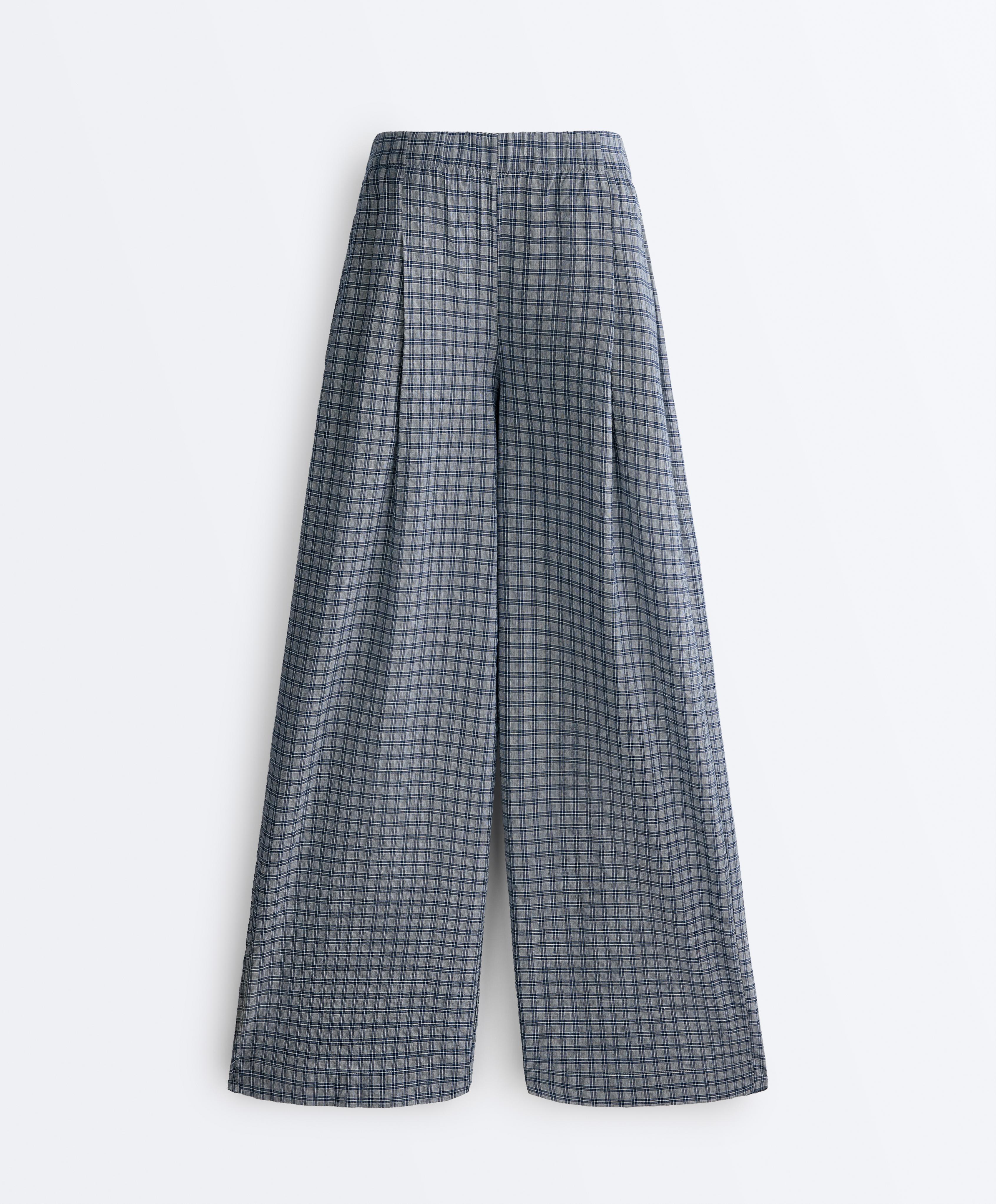 Check cotton blend wide-leg trousers — GREY-BLUE