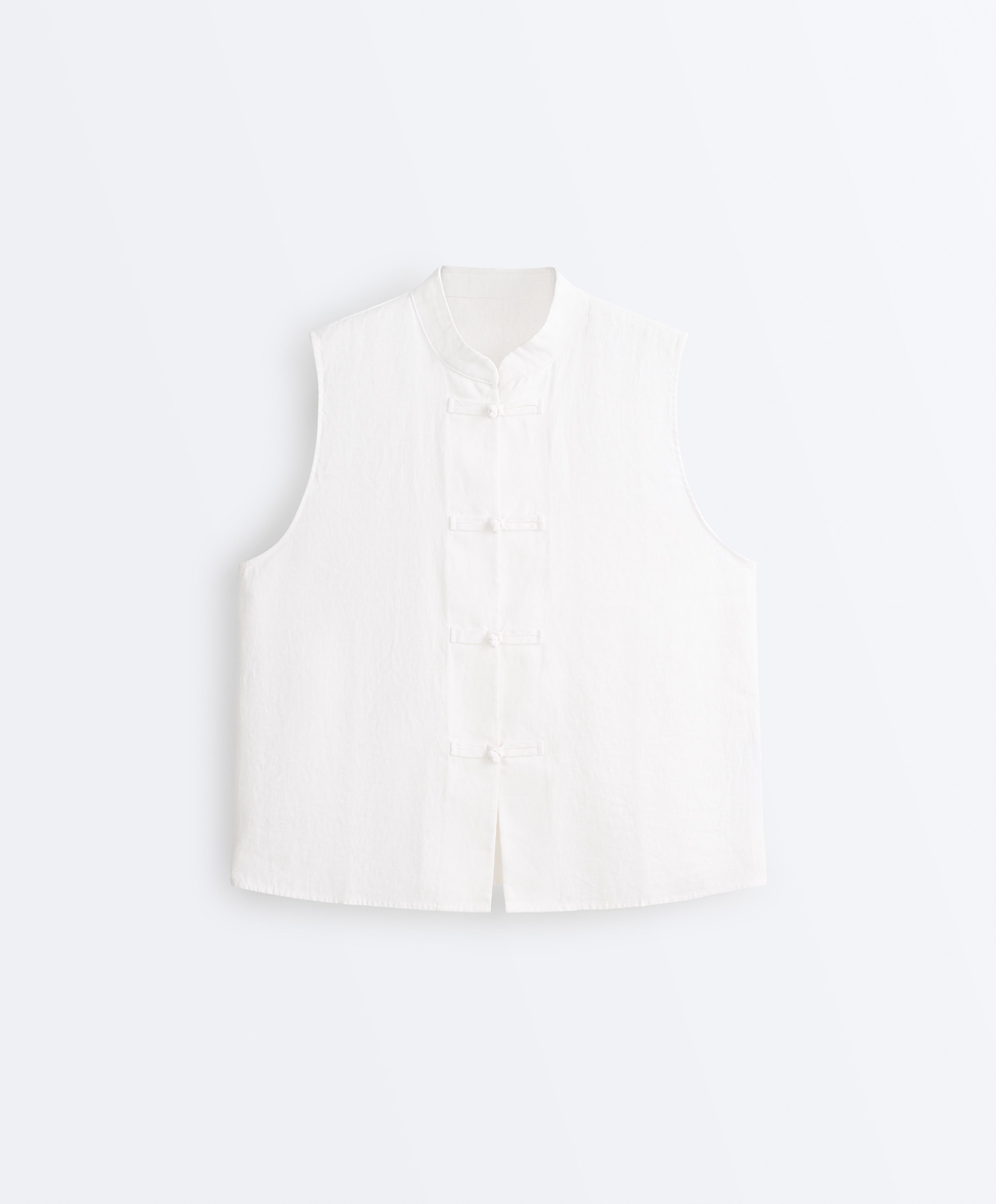 100% linen sleeveless stand-up collar shirt — WHITE