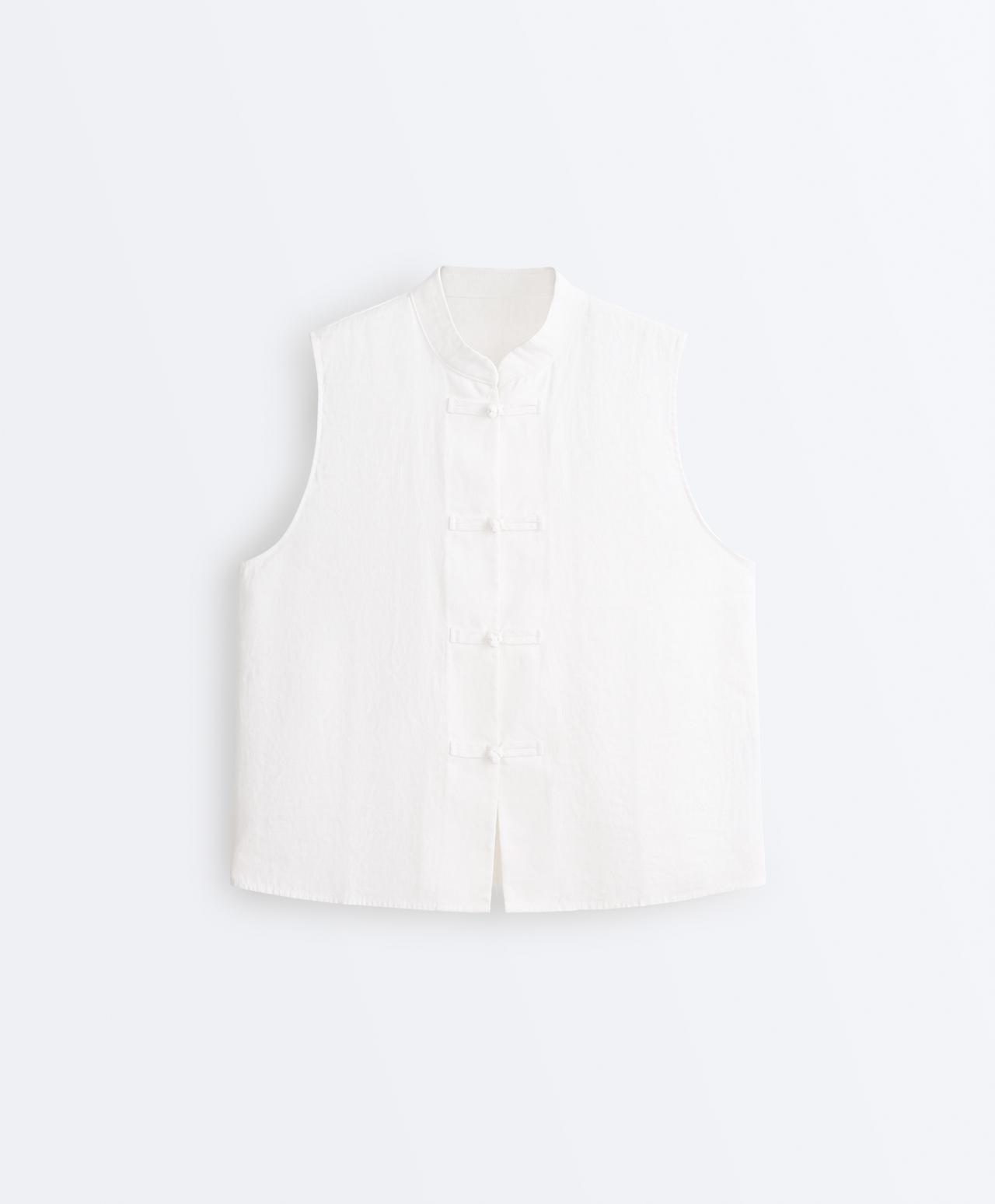100% linen sleeveless stand-up collar shirt — WHITE