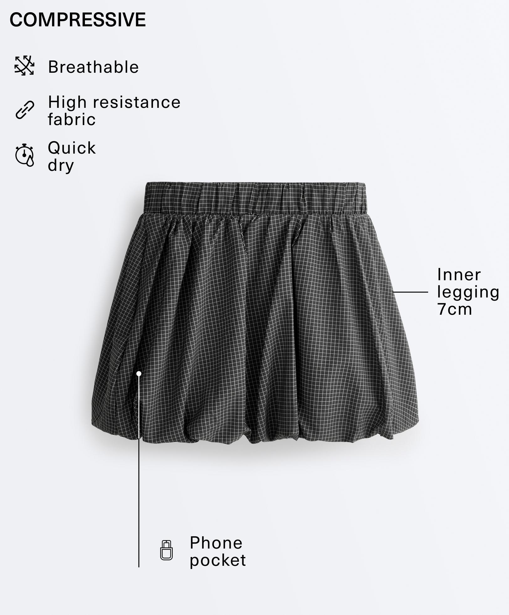 High rise Compressive check balloon mini skirt — BLACK