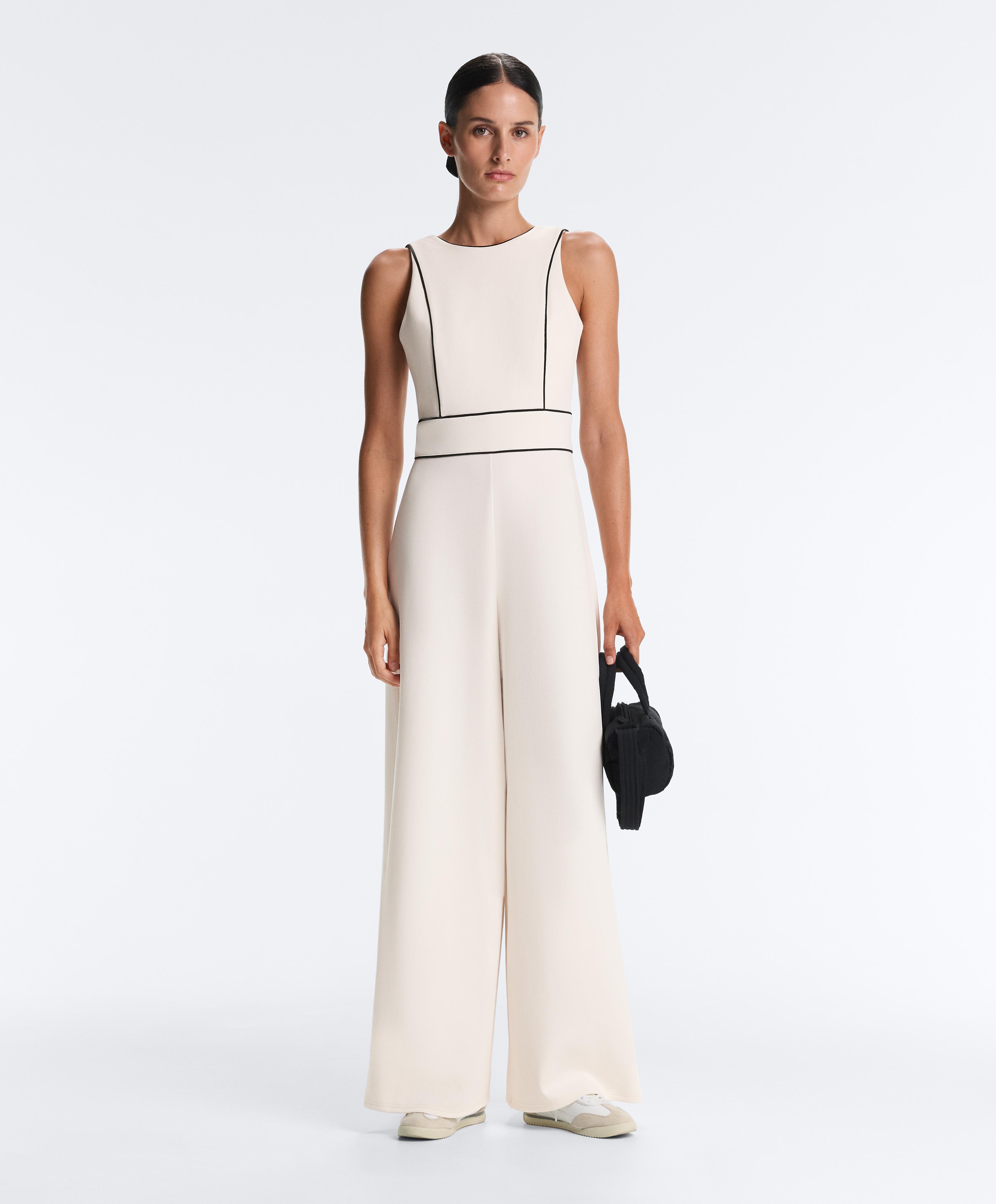 Long piping piqué jumpsuit with cotton — PALE ECRU