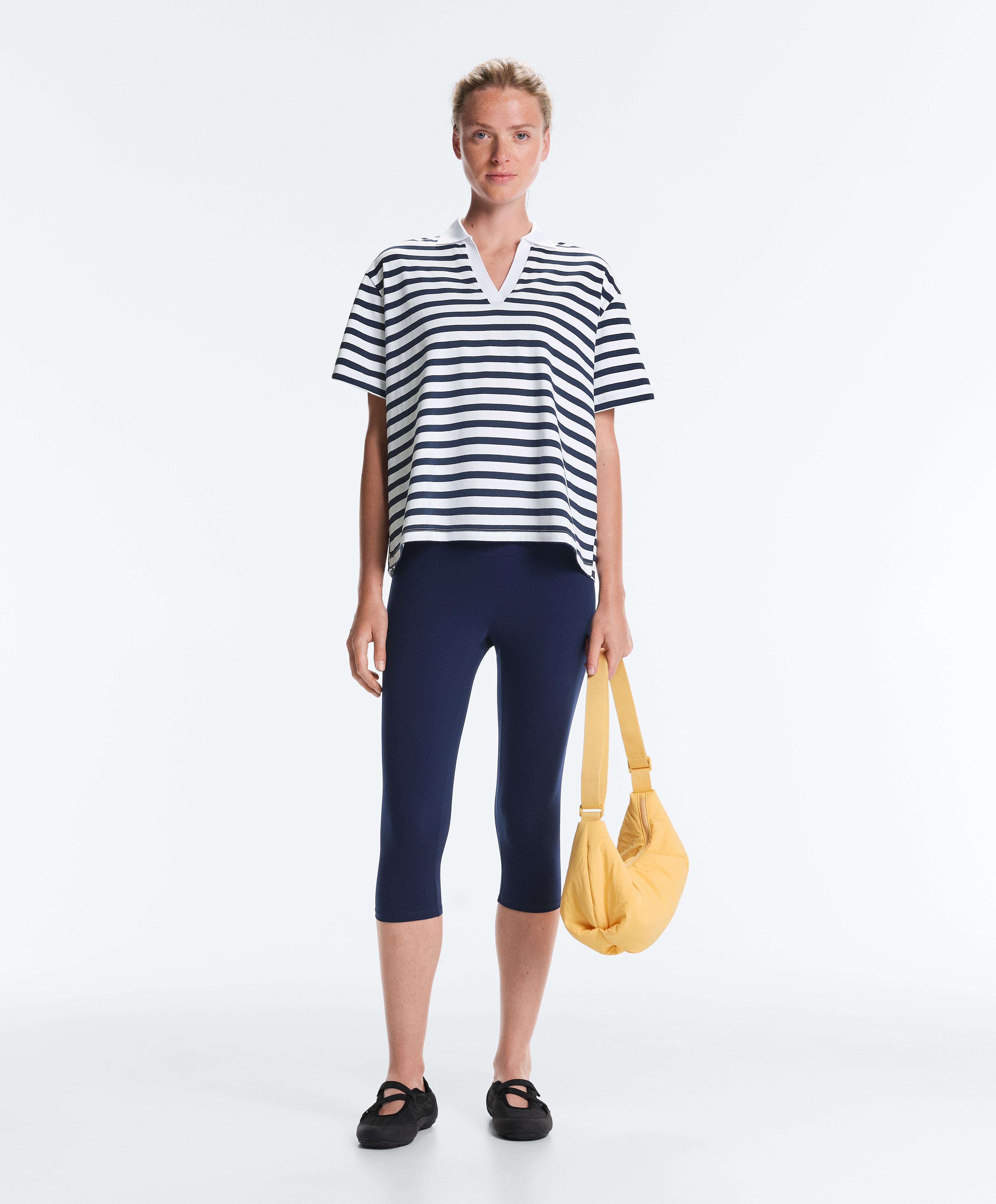 Boxy short-sleeved polo neck cotton blend T-shirt — NAVY BLUE