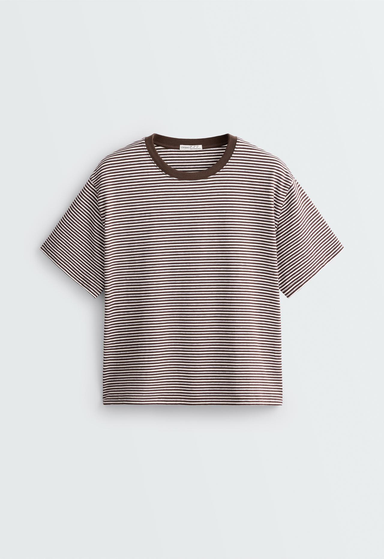 Regular fit striped cotton blend short-sleeved T-shirt — CHOCOLATE