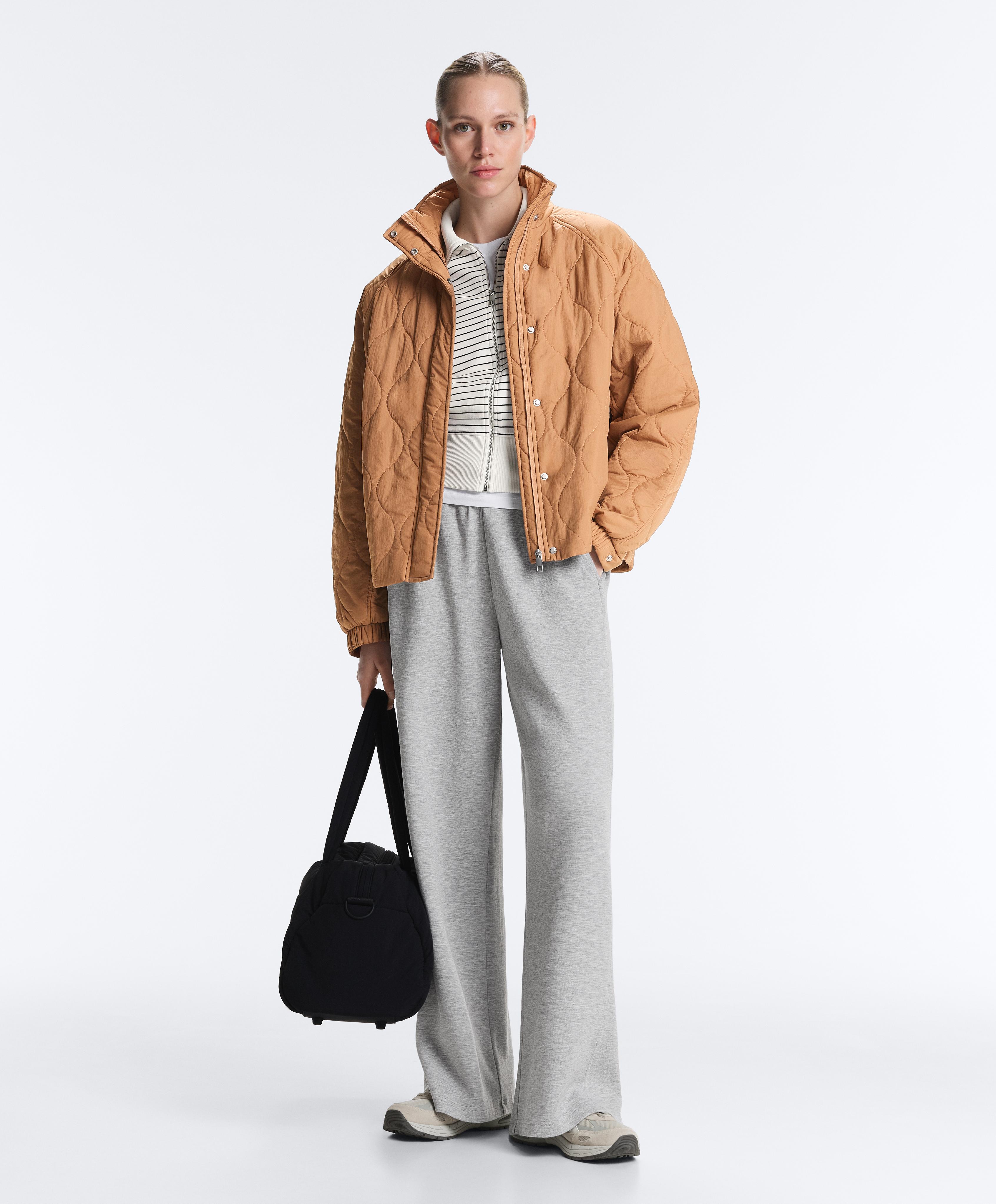 Striped rib neck jacket with cotton — PALE ECRU