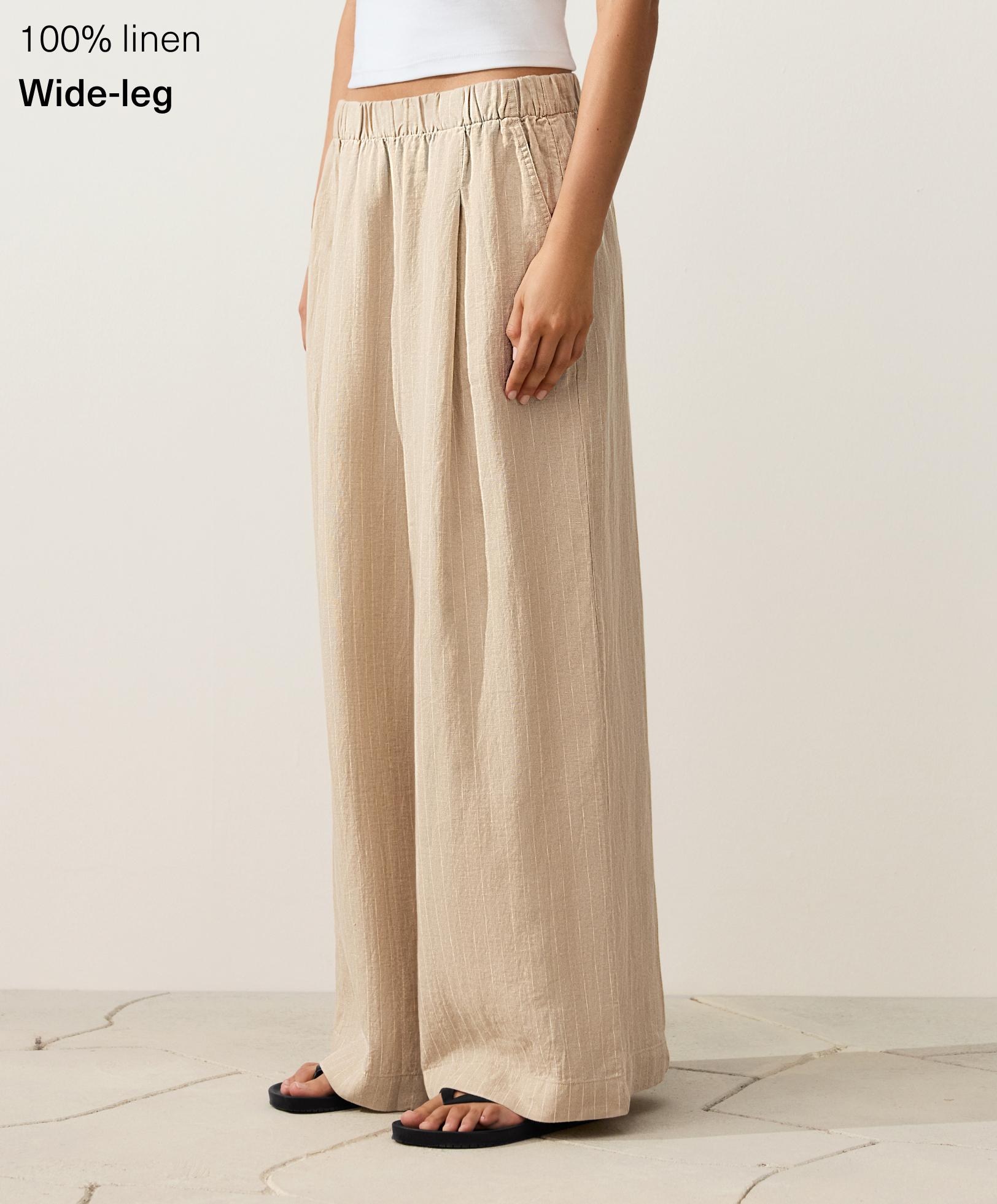Svītrainas wide leg bikses no 100% lina