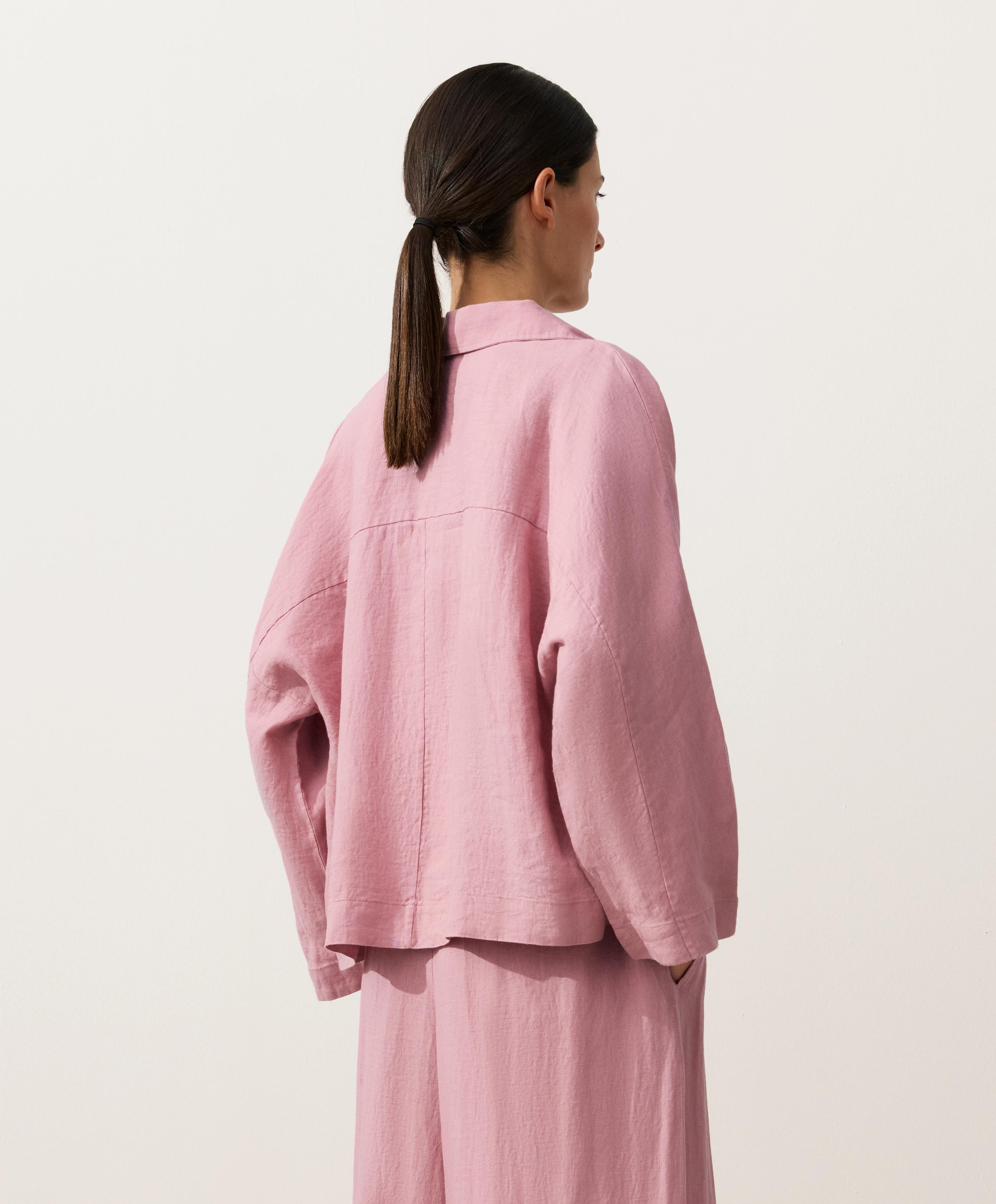 Oversize long-sleeve 100% linen polo shirt — MID-PINK