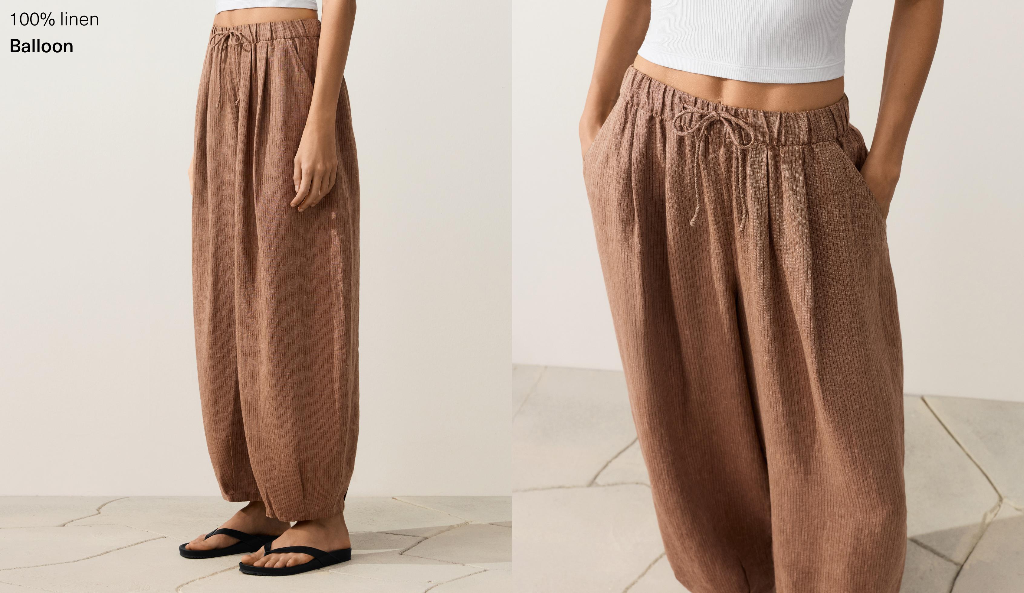 100% linen striped balloon trousers — TAN MELANGE