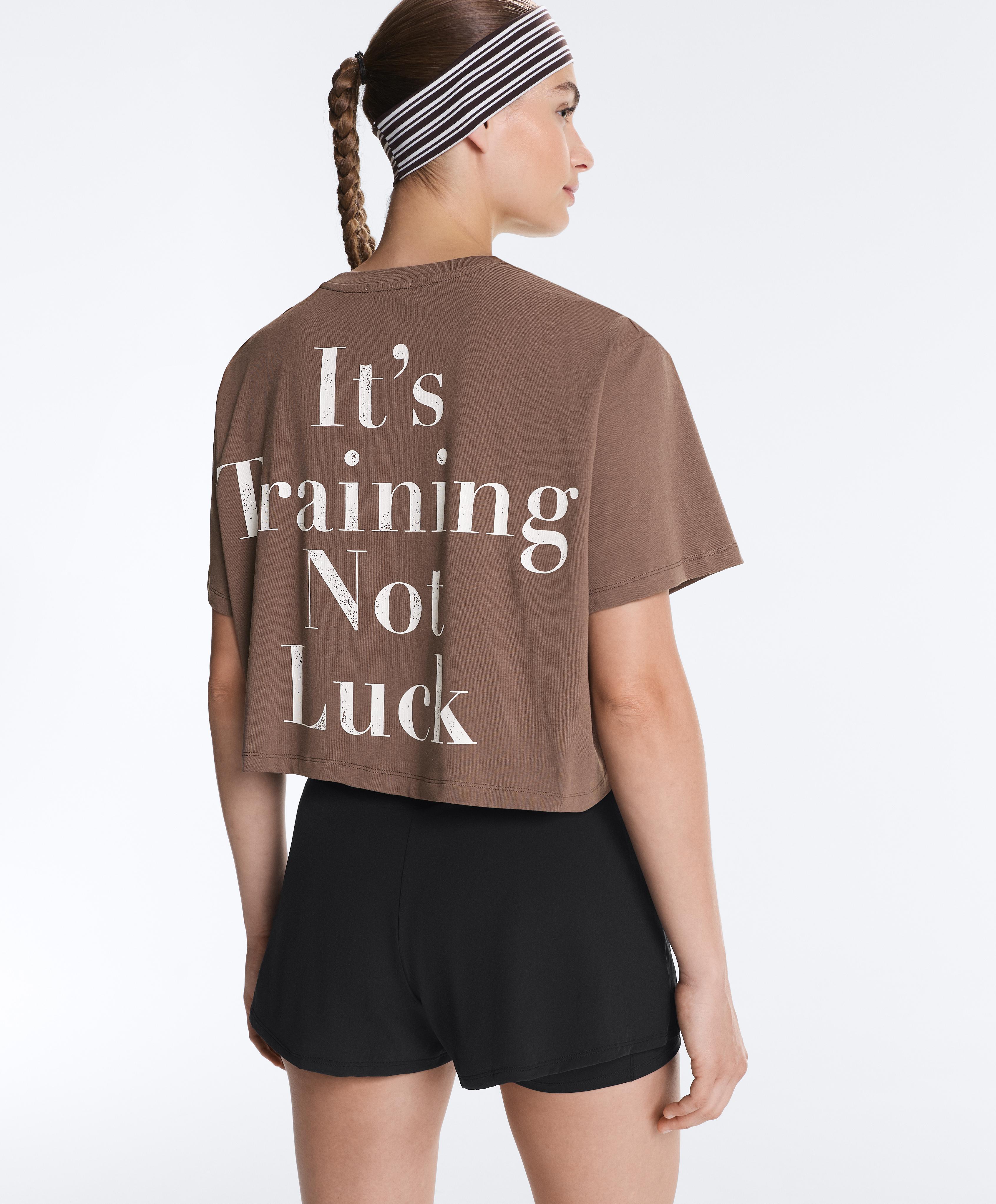 Boxy cropped cotton blend slogan T-shirt — BROWN