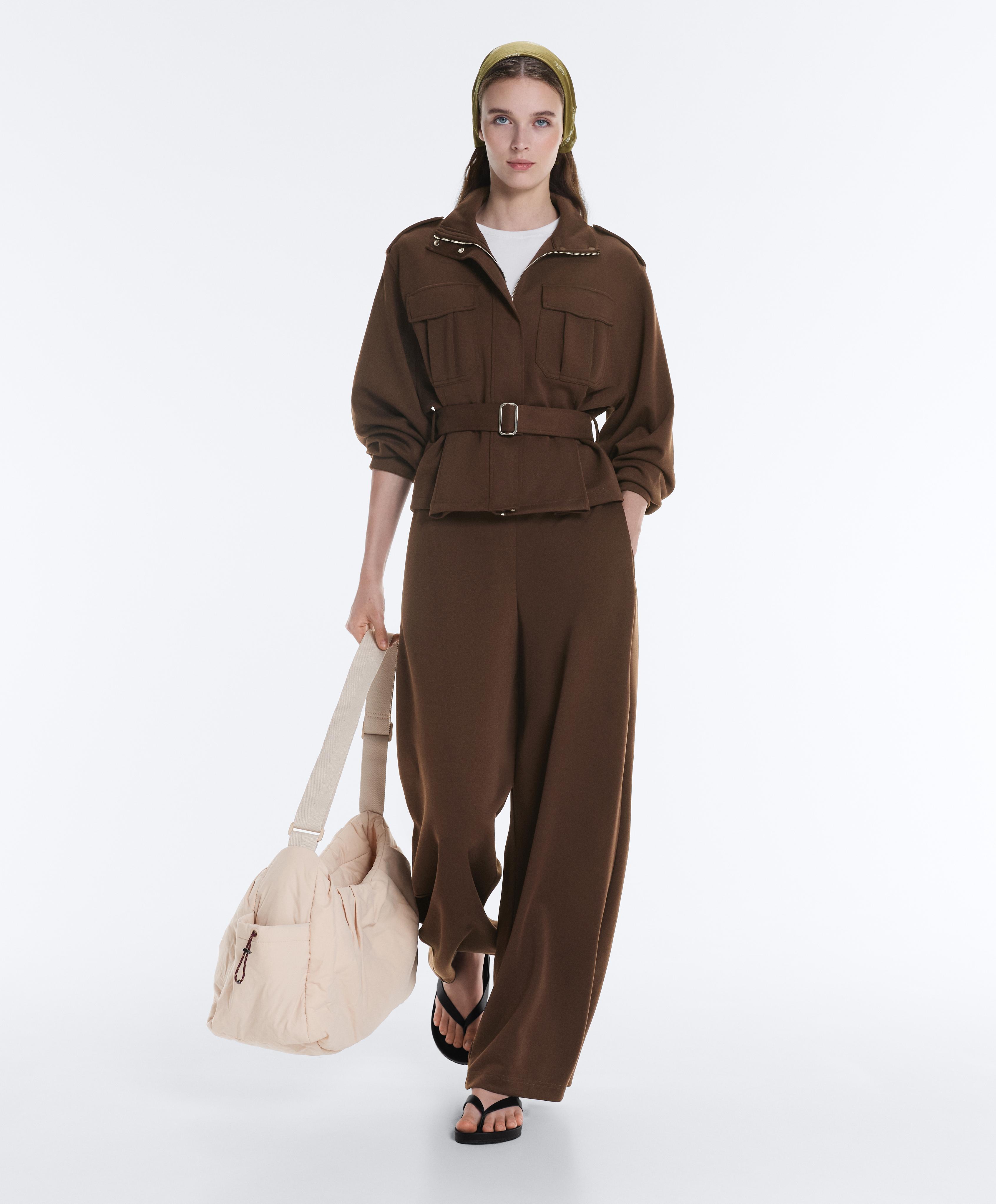 Cropped piqué utility jacket with belt — DARK BROWN