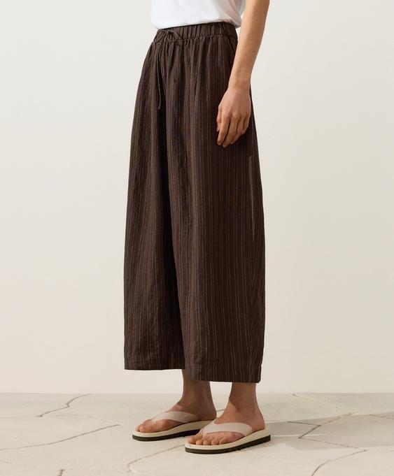 %100 Keten Çizgili Balloon Crop Pantolon