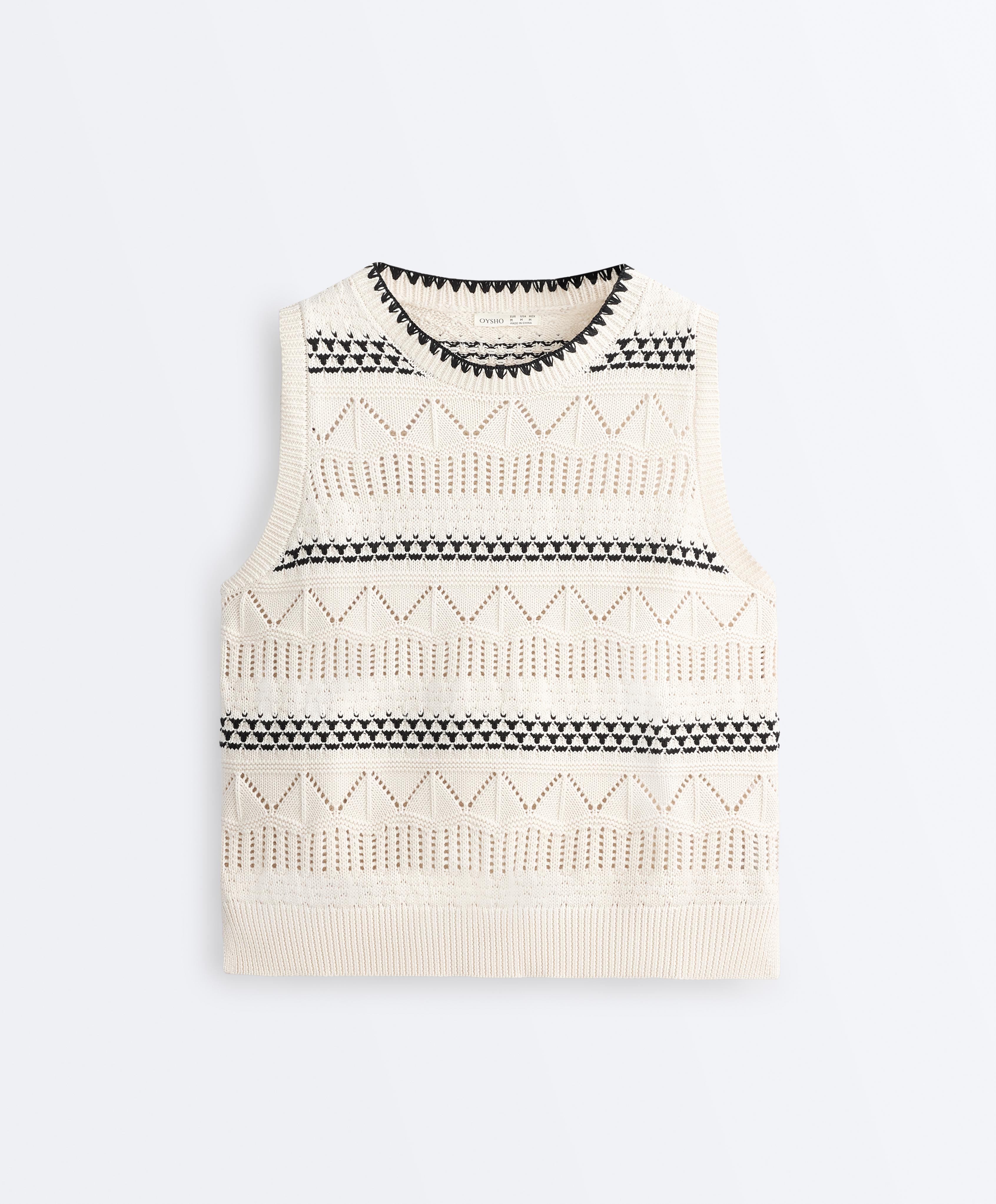 100% cotton open-knit contrast vest — PALE ECRU