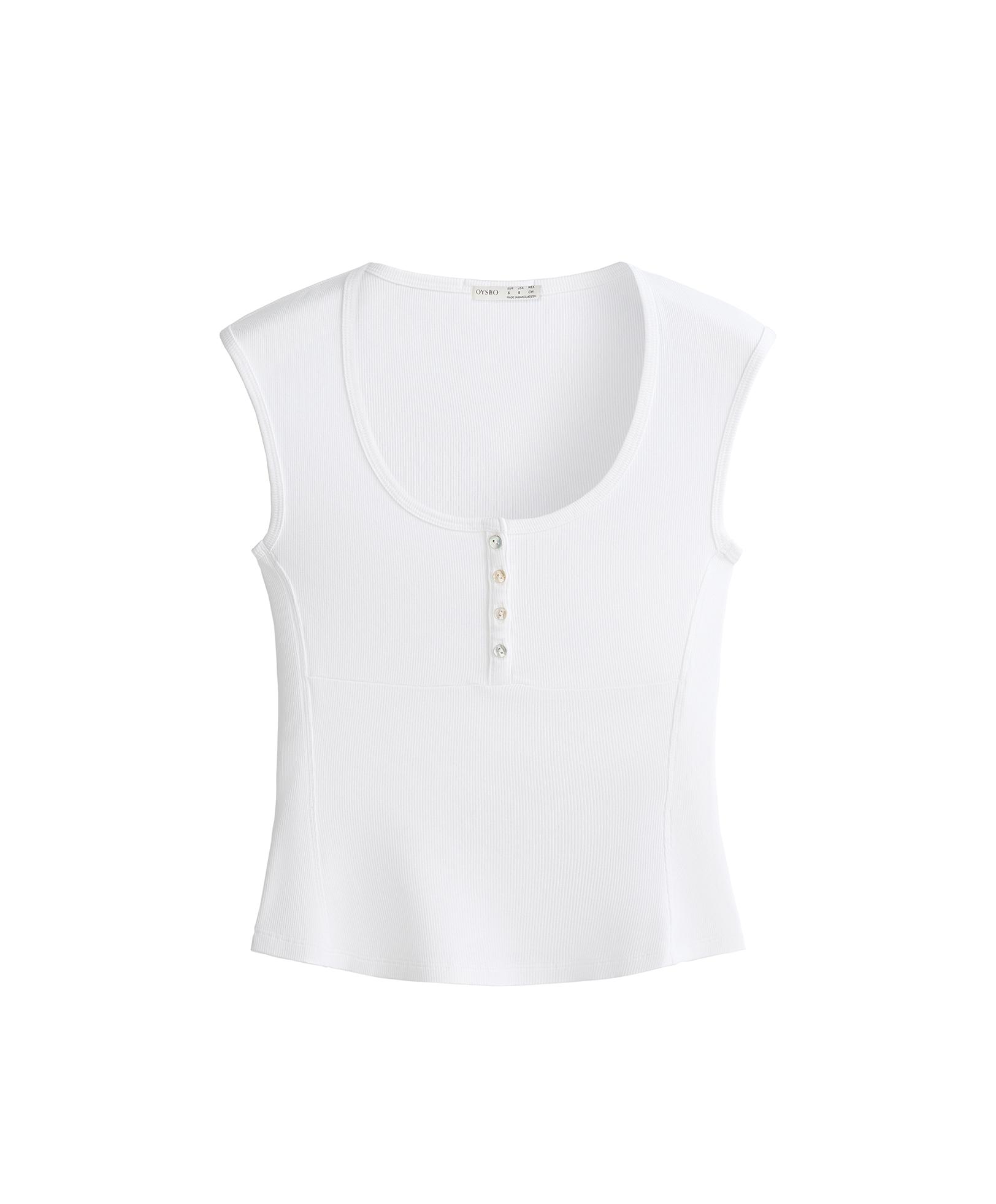 Sleeveless rib T-shirt with cotton and modal buttons — WHITE