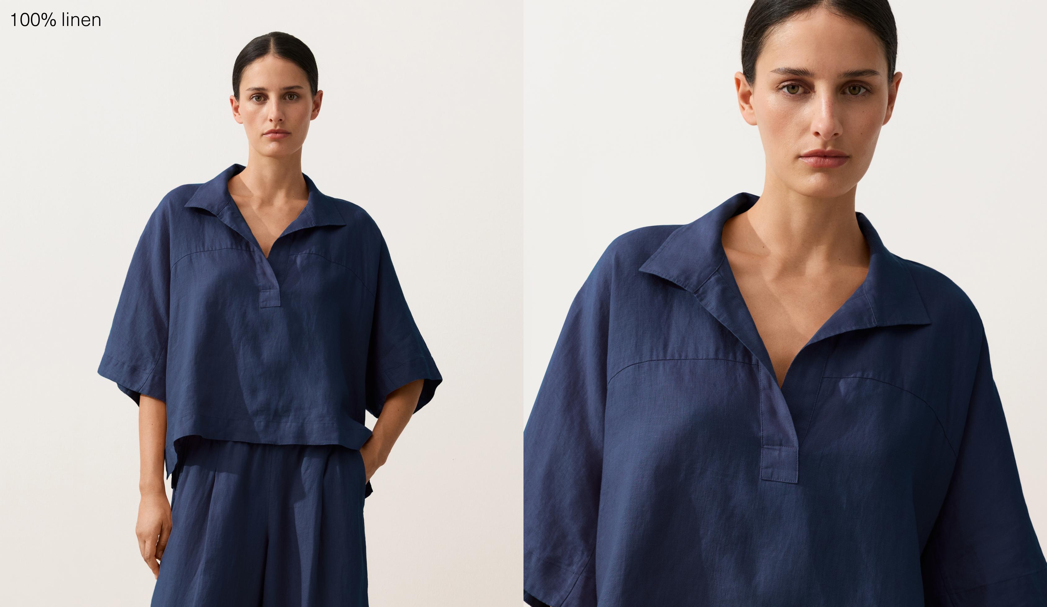Oversize 100% linen polo shirt — NAVY
