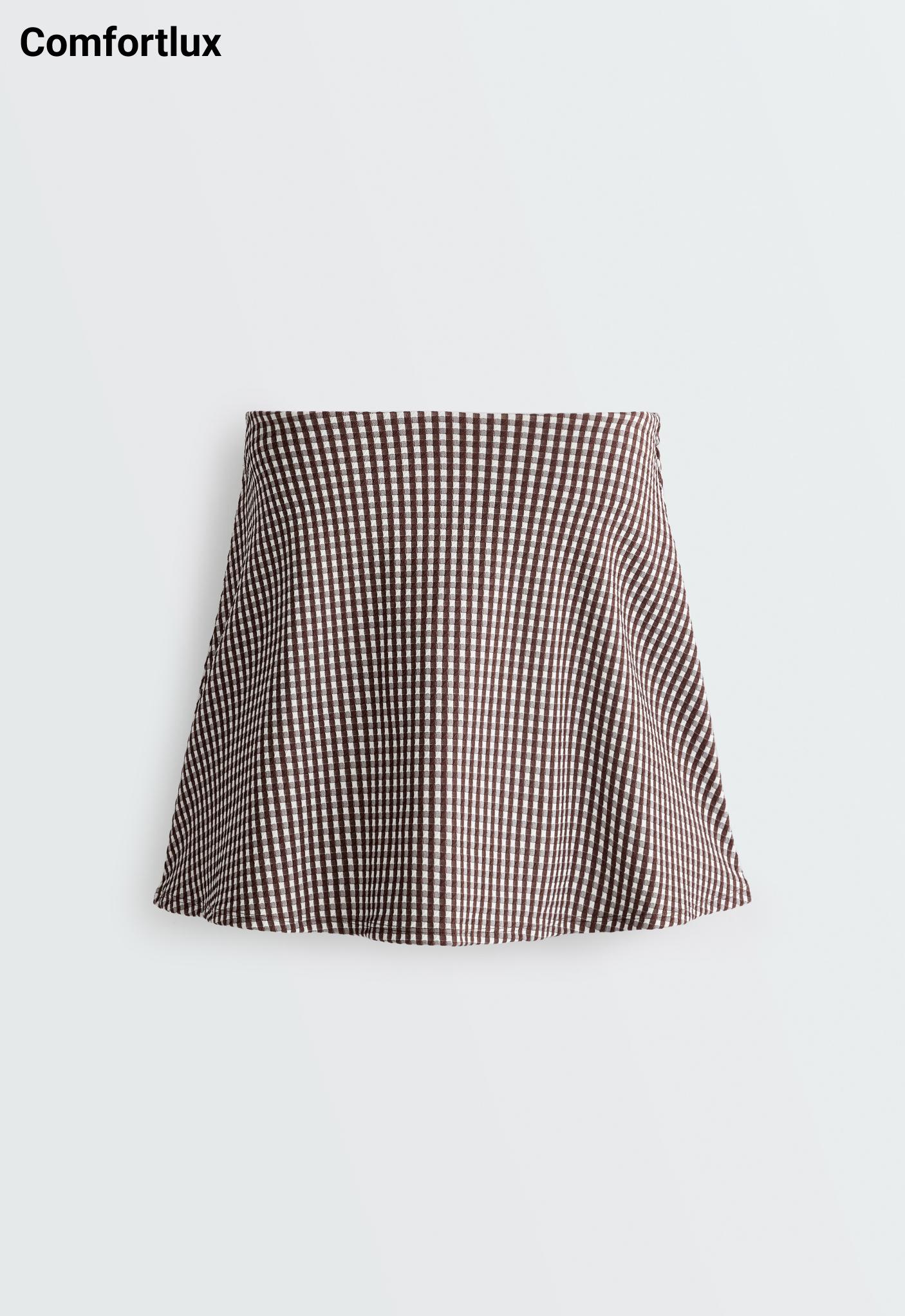 Comfortlux high-rise gingham mini skirt — DARK REDDISH‑BROWN