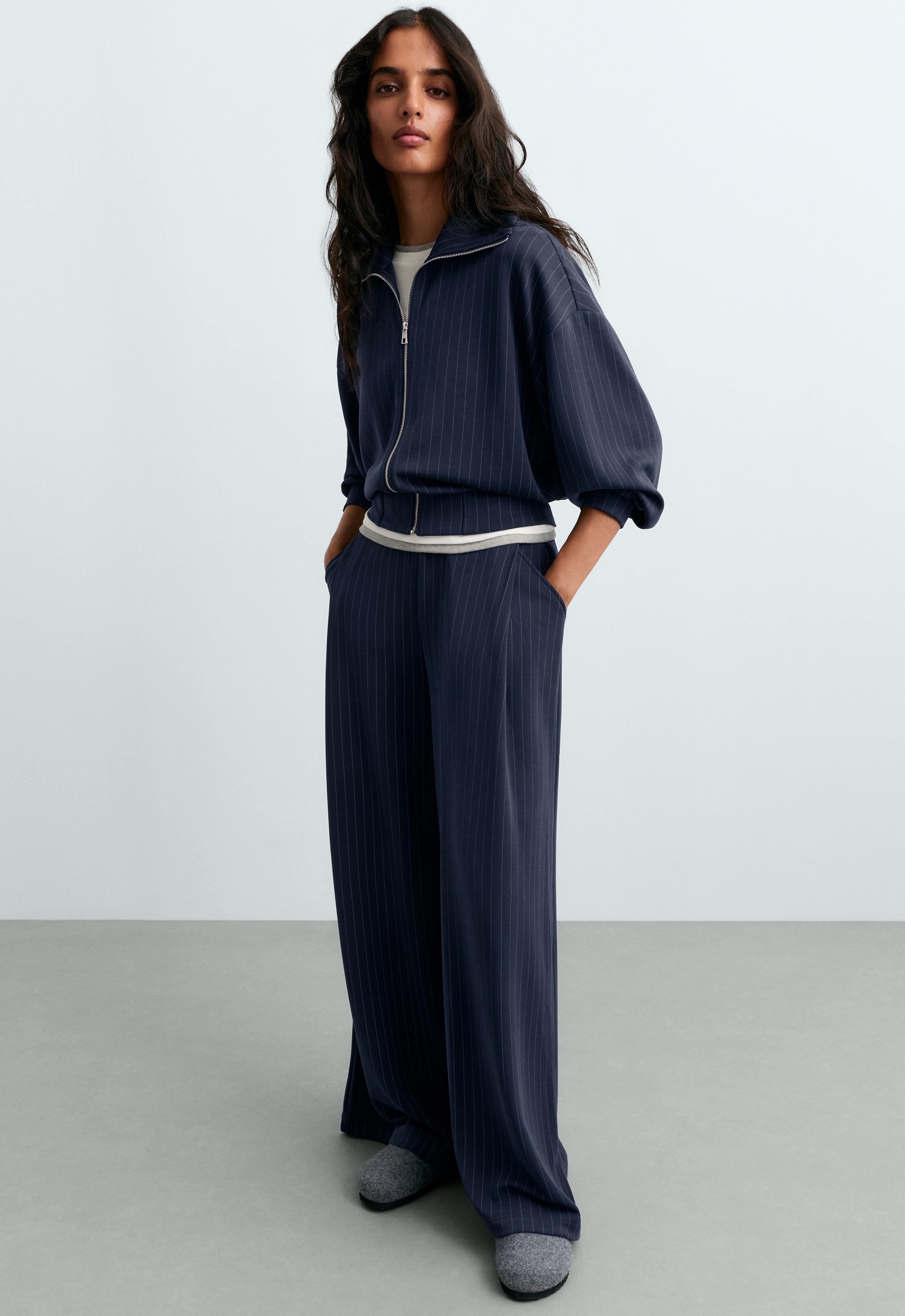 Modal pinstripe wide-leg trousers — NAVY BLUE