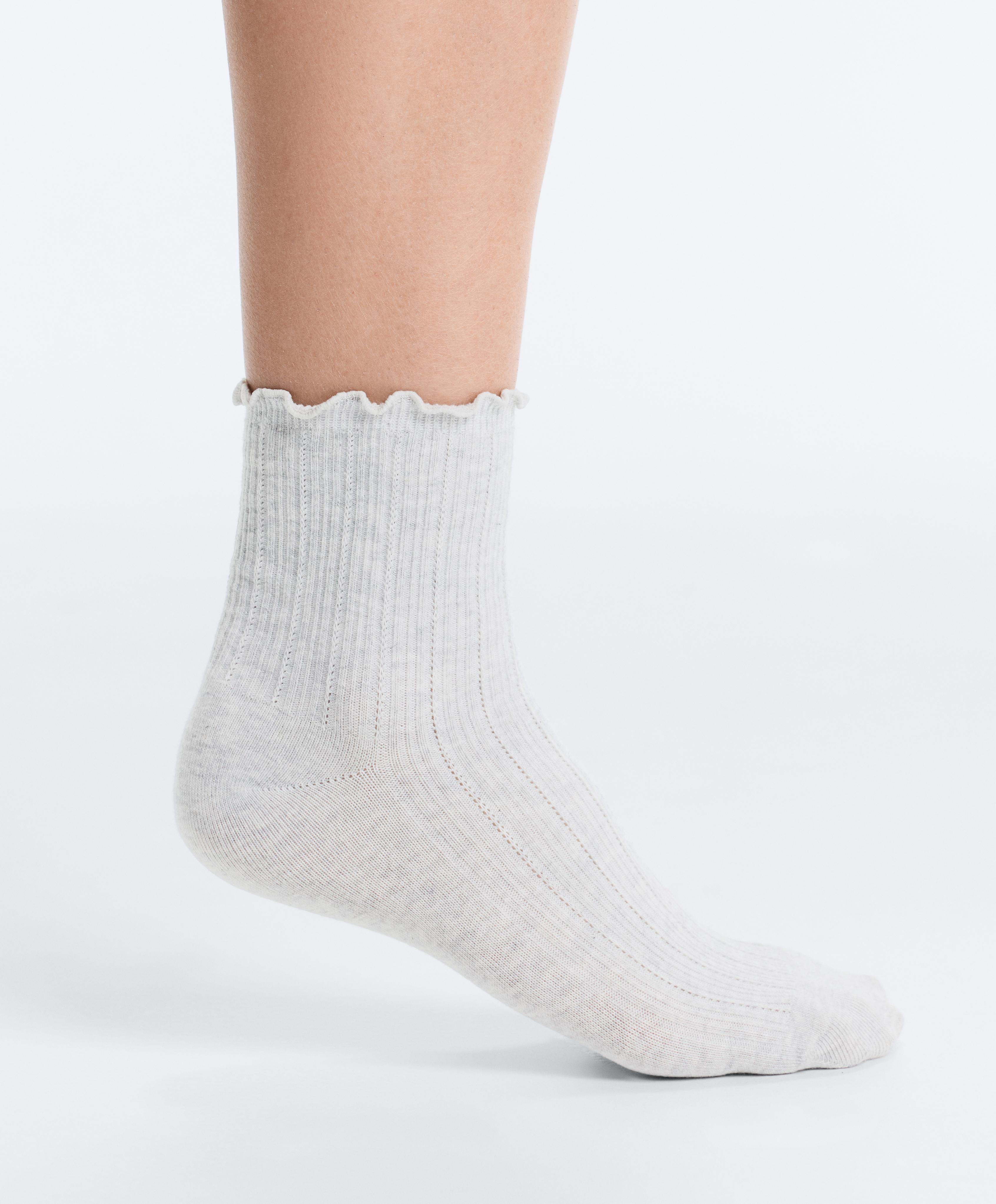 3 pairs of cotton blend quarter socks with curled edge — GREY MELANGE