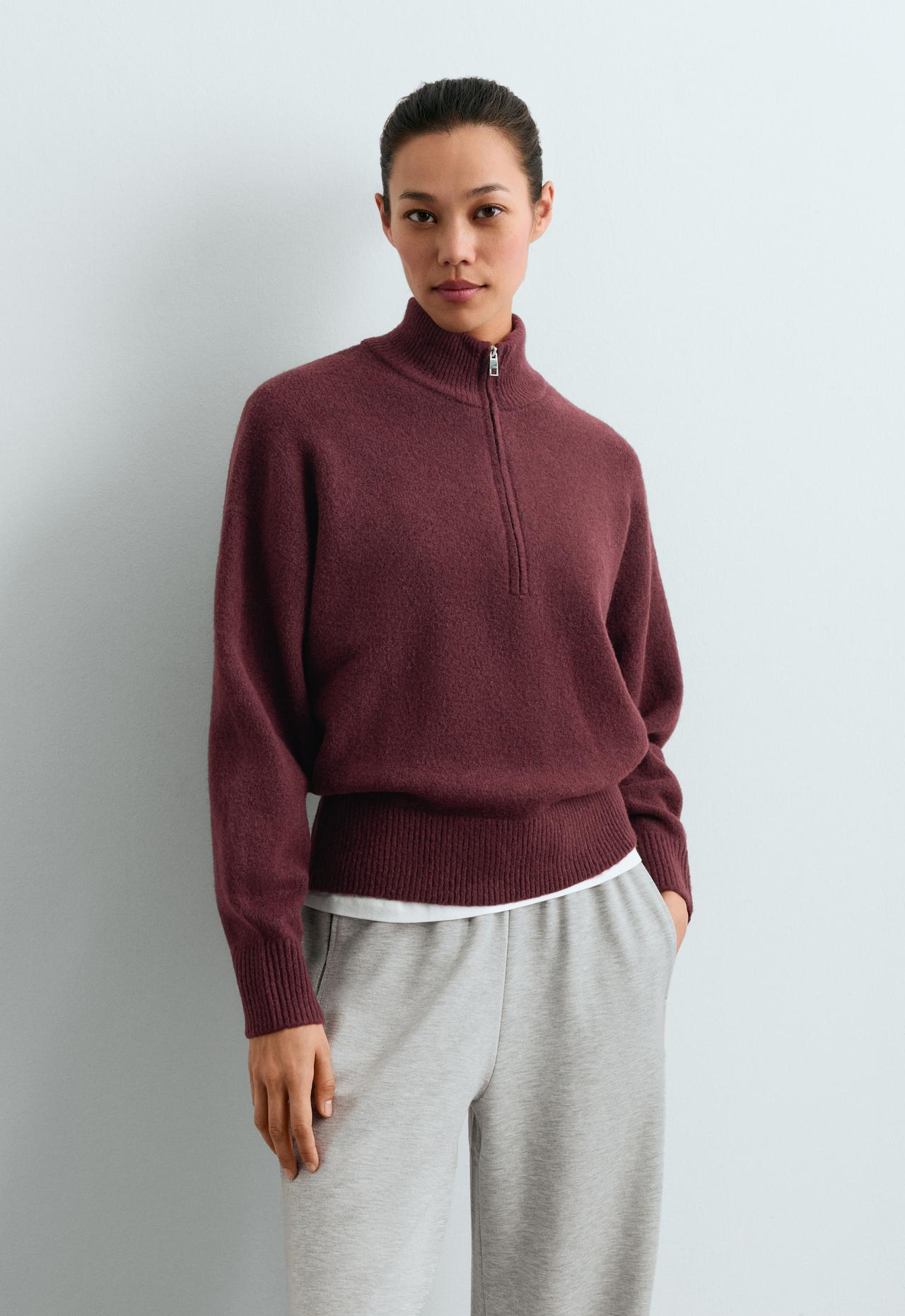 High-neck knit jumper with half-zip — BURGUNDY