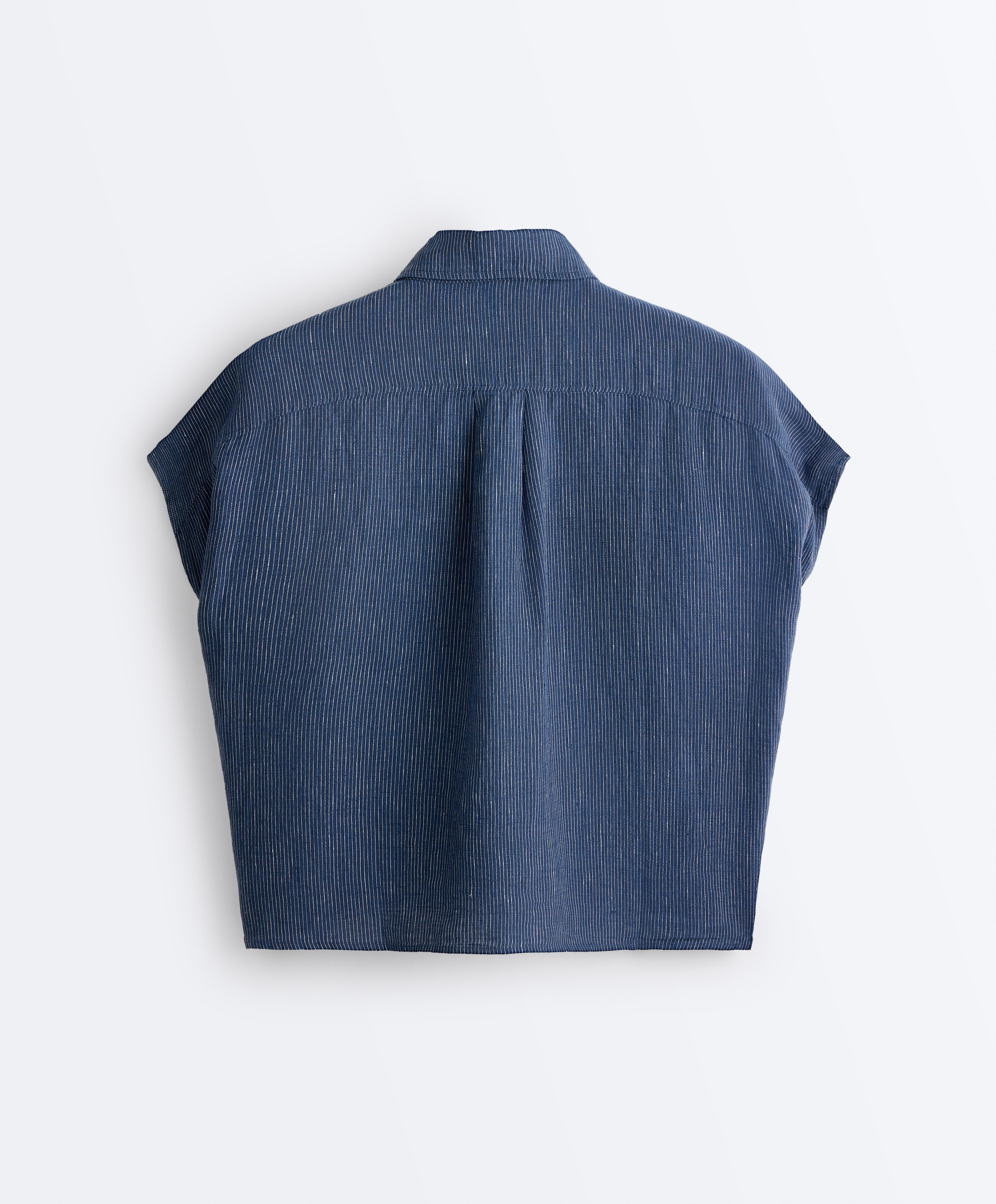 100% linen striped shirt with pockets — BLUE MELANGE