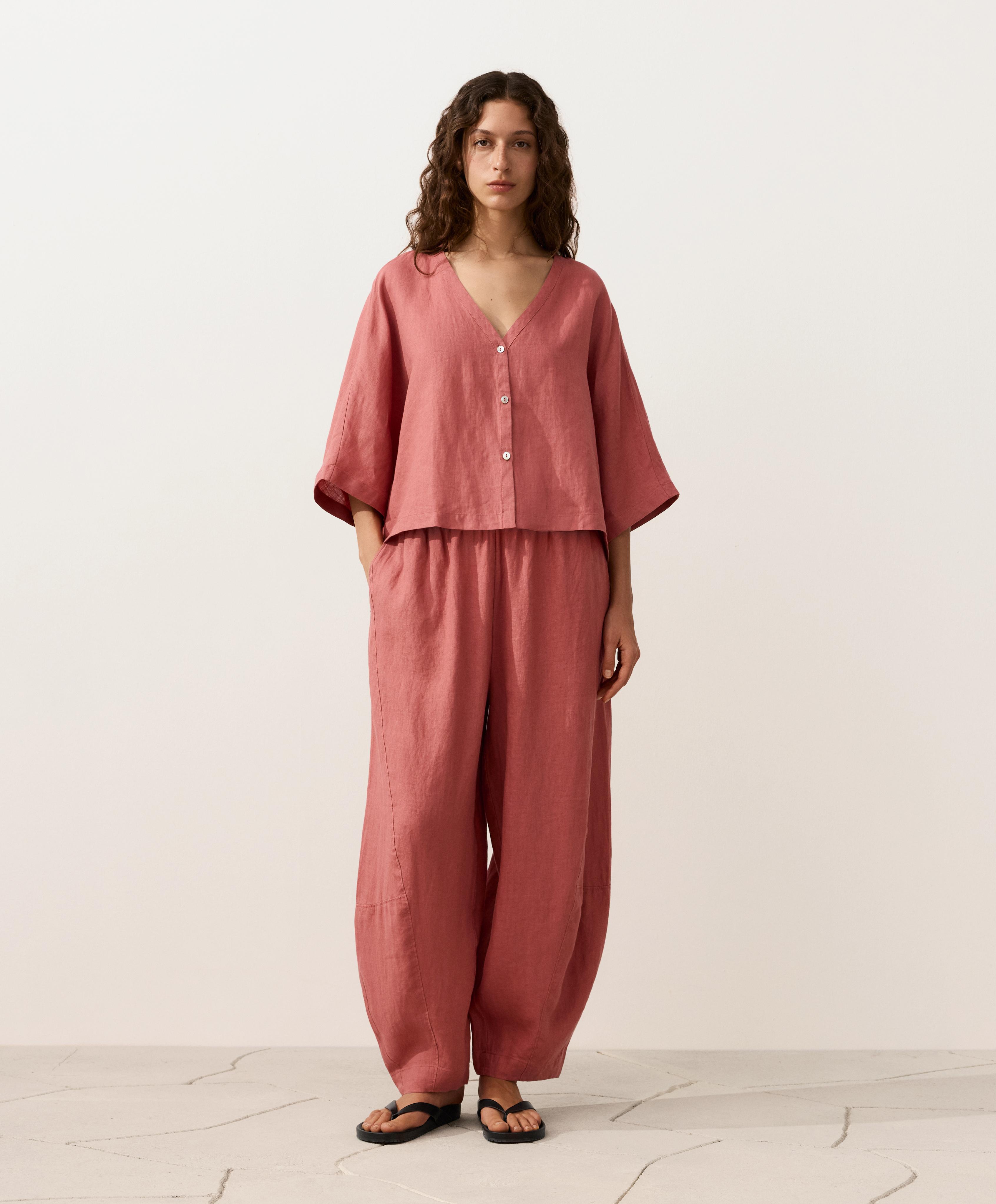 100% linen short-sleeve shirt — CORAL