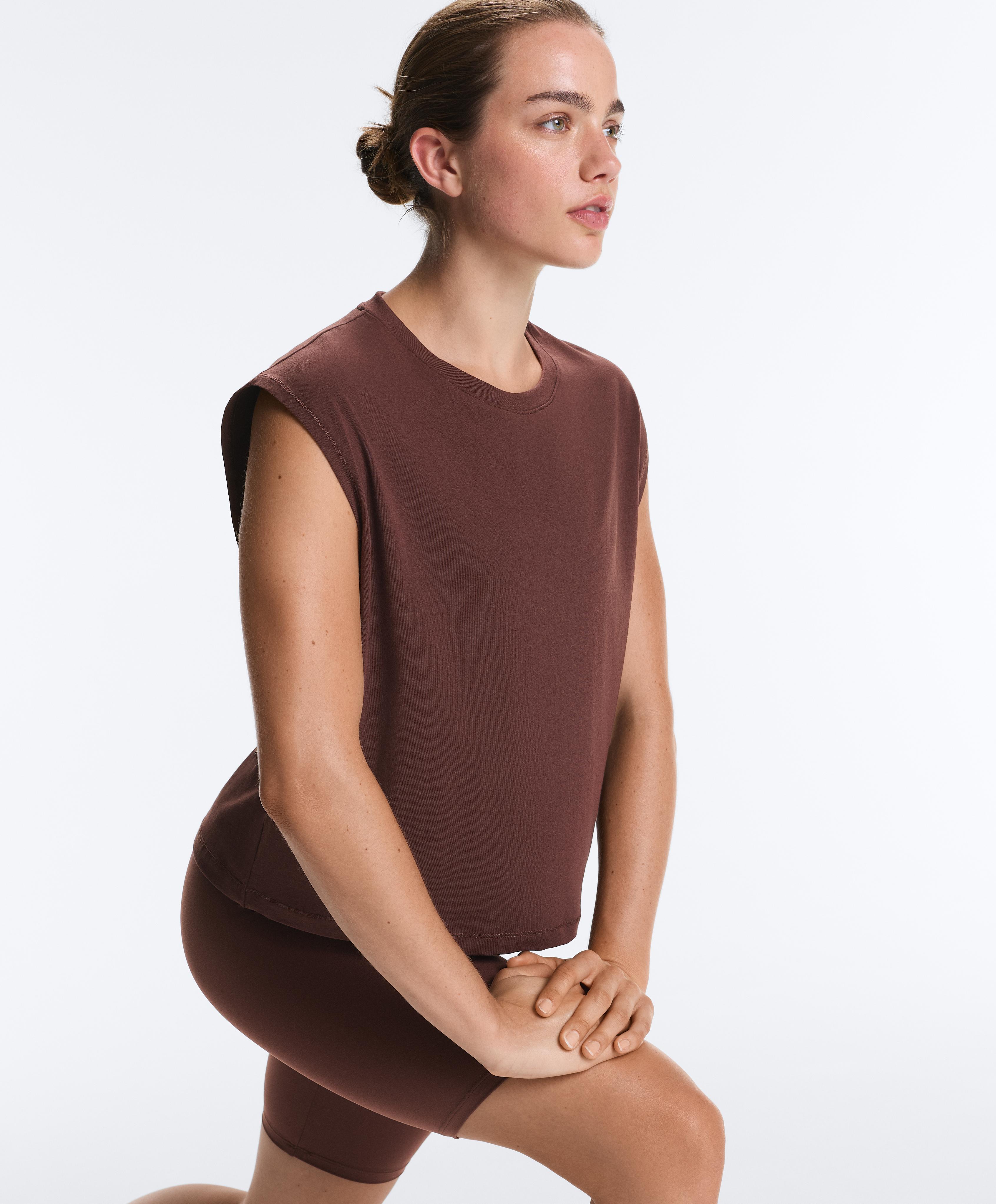 Cotton blend sleeveless T-shirt — CHOCOLATE