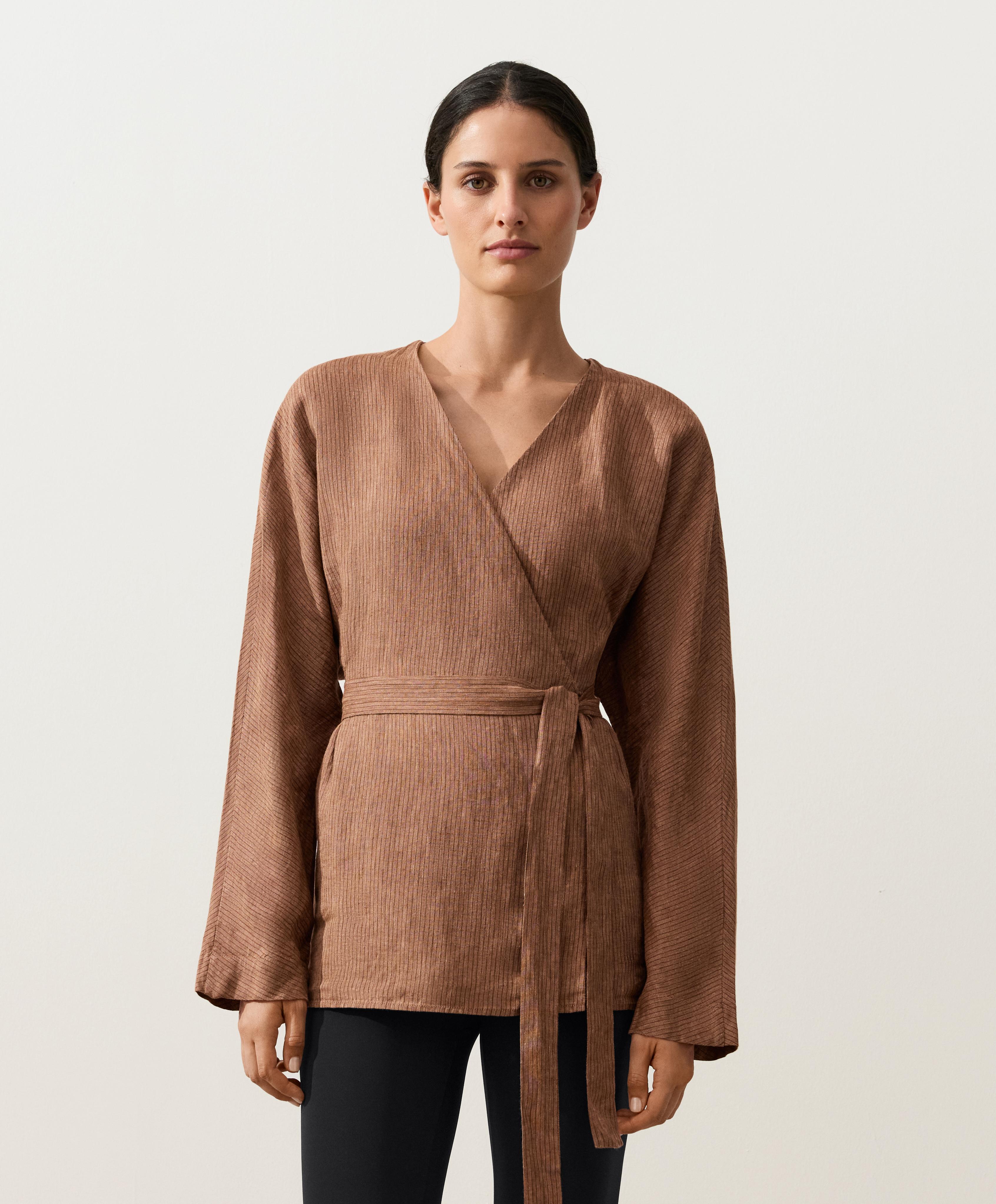 %100 keten çizgili kimono gömlek %100 keten çizgili kimono gömlek
