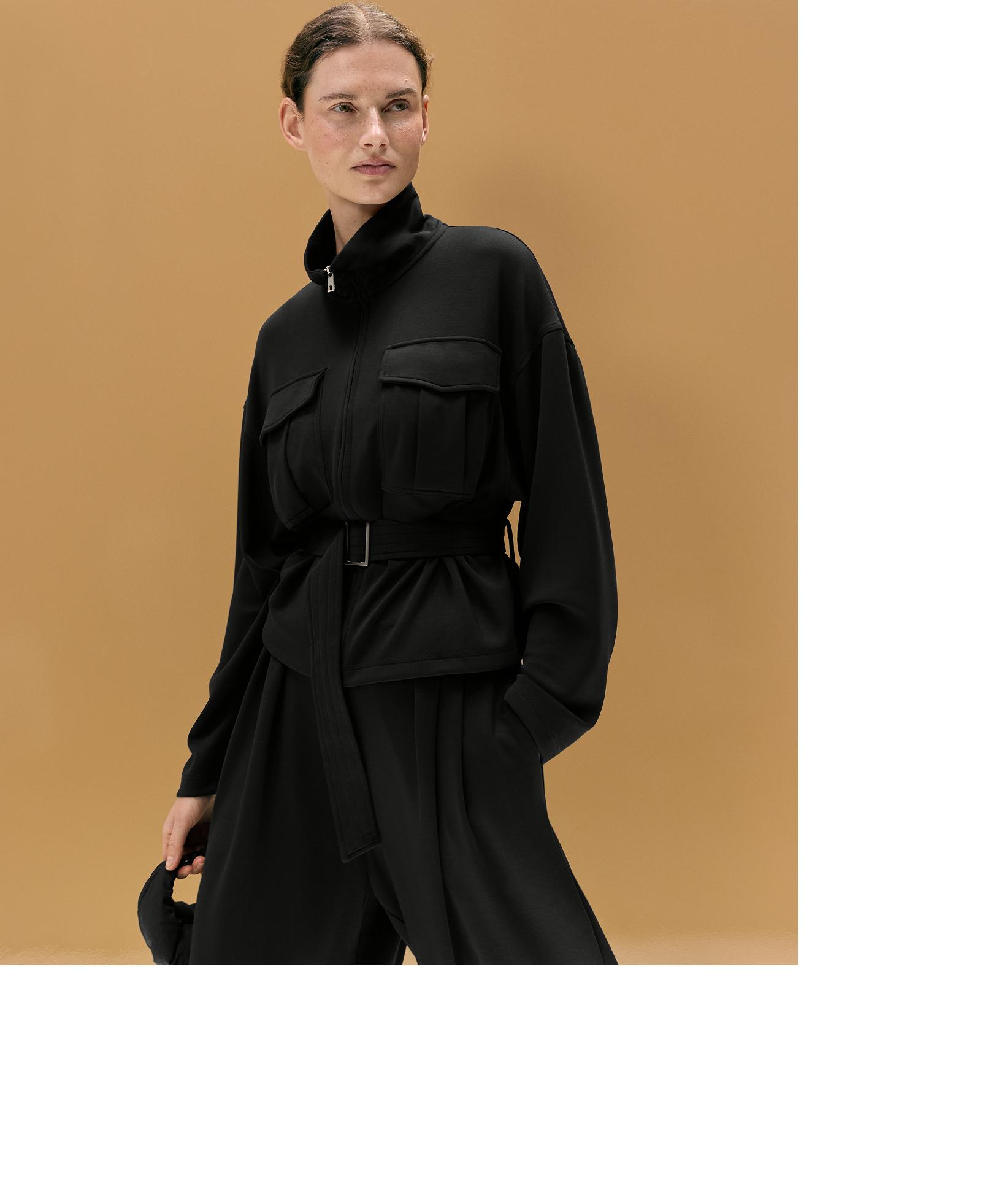 Soft-touch belted jacket with modal — BLACK