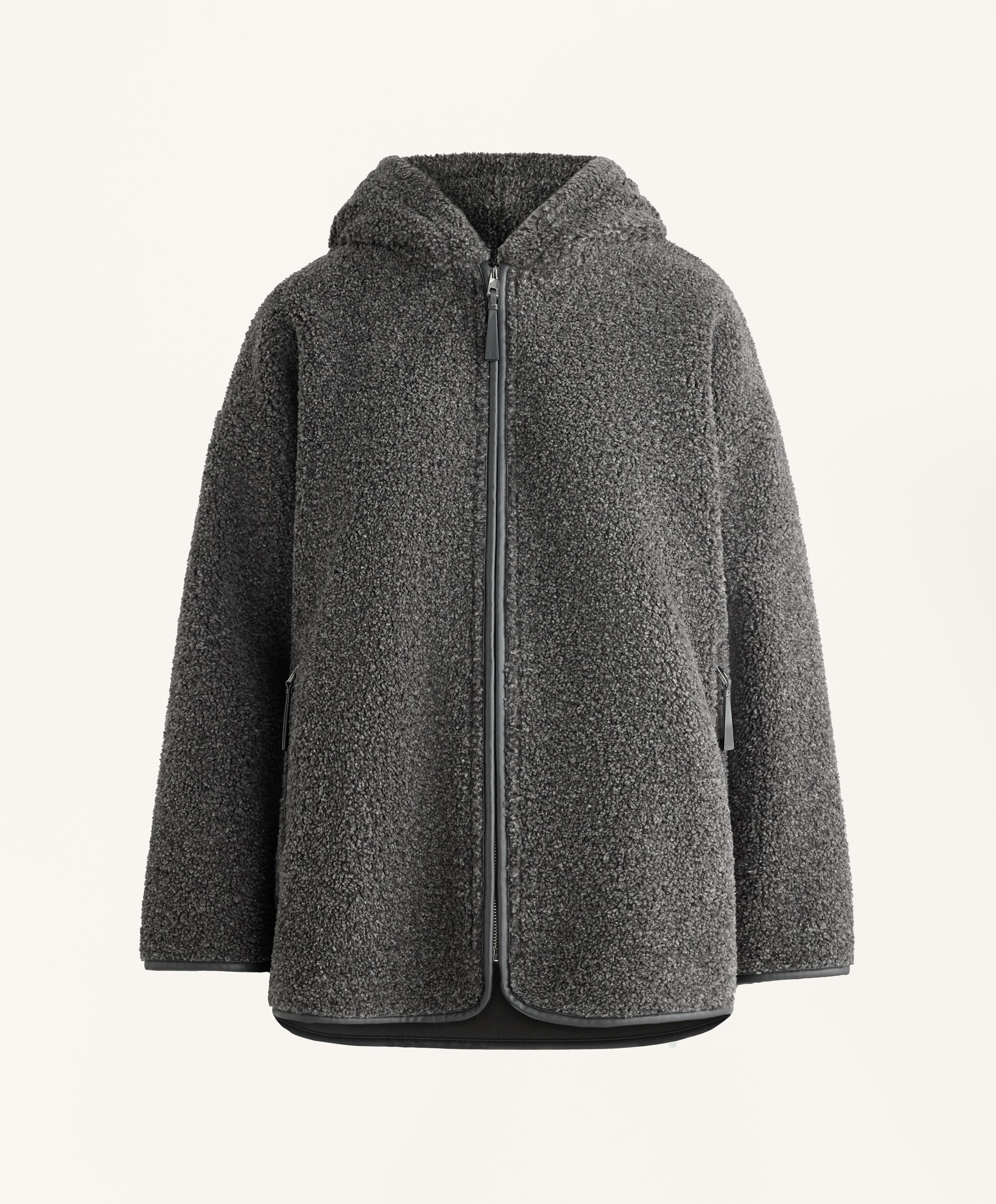 Oversize faux-shearling jacket with faux-fur lined hood — DARK-GREY MELANGE