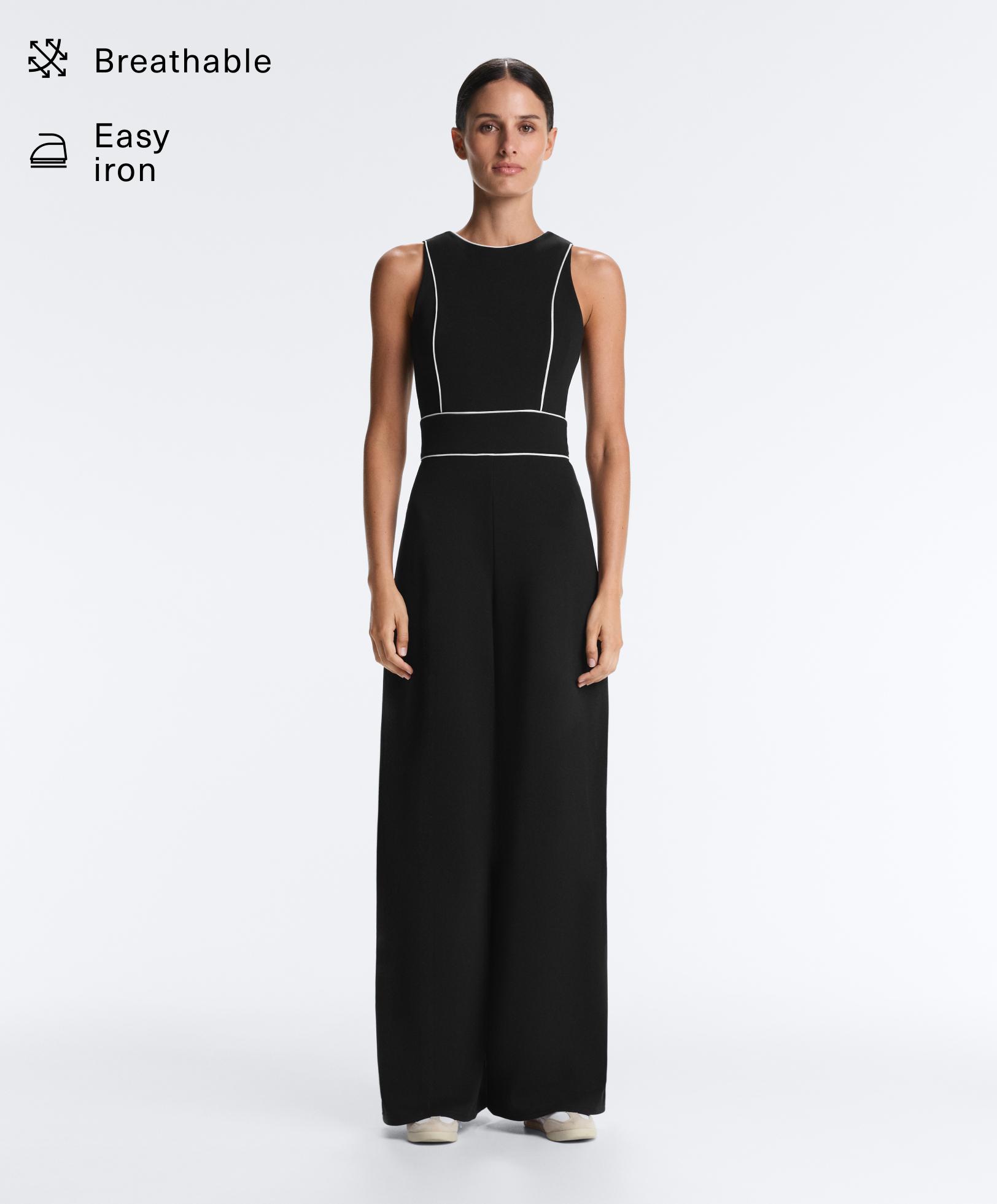 Long piping piqué jumpsuit with cotton Long piping piqué jumpsuit with cotton