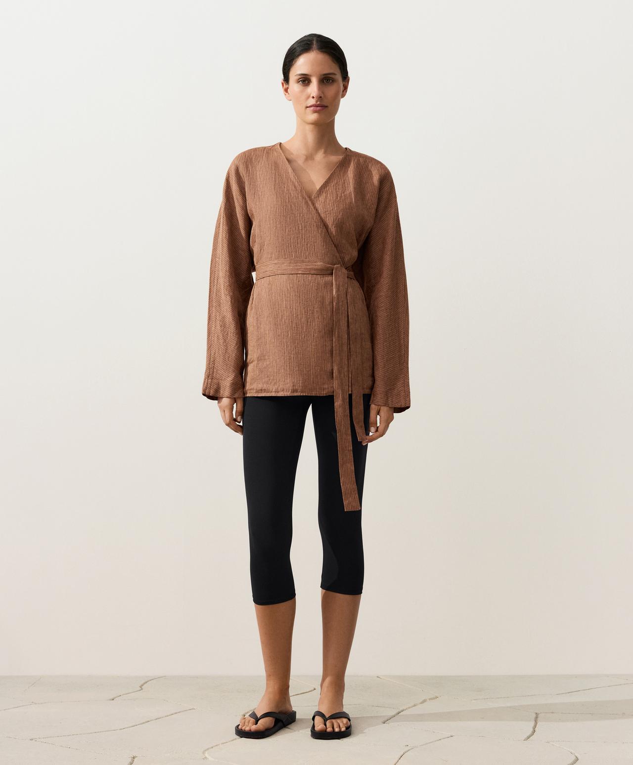 Striped 100% linen kimono shirt — TAN MELANGE