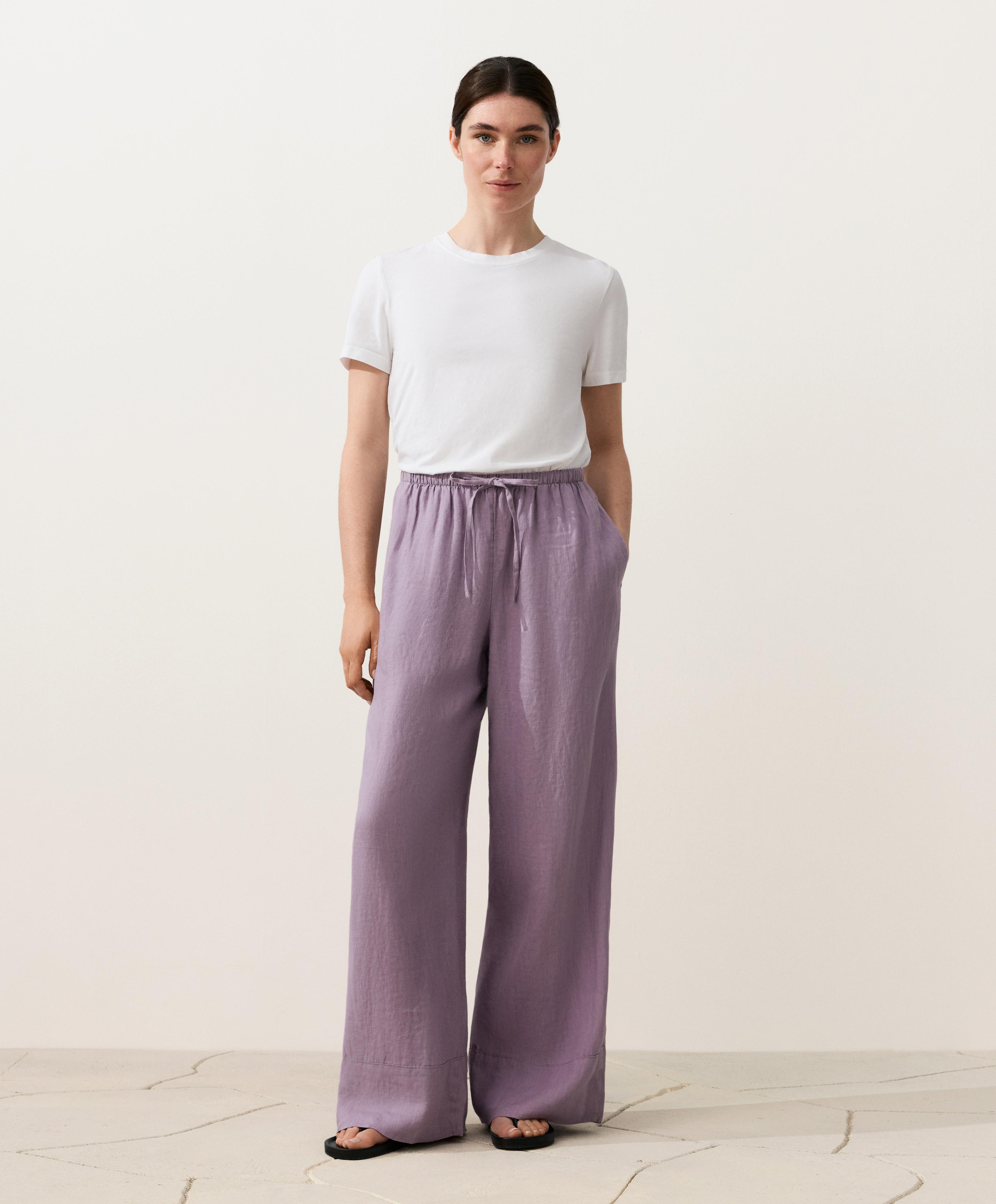 100% linen straight-leg trousers — LILAC