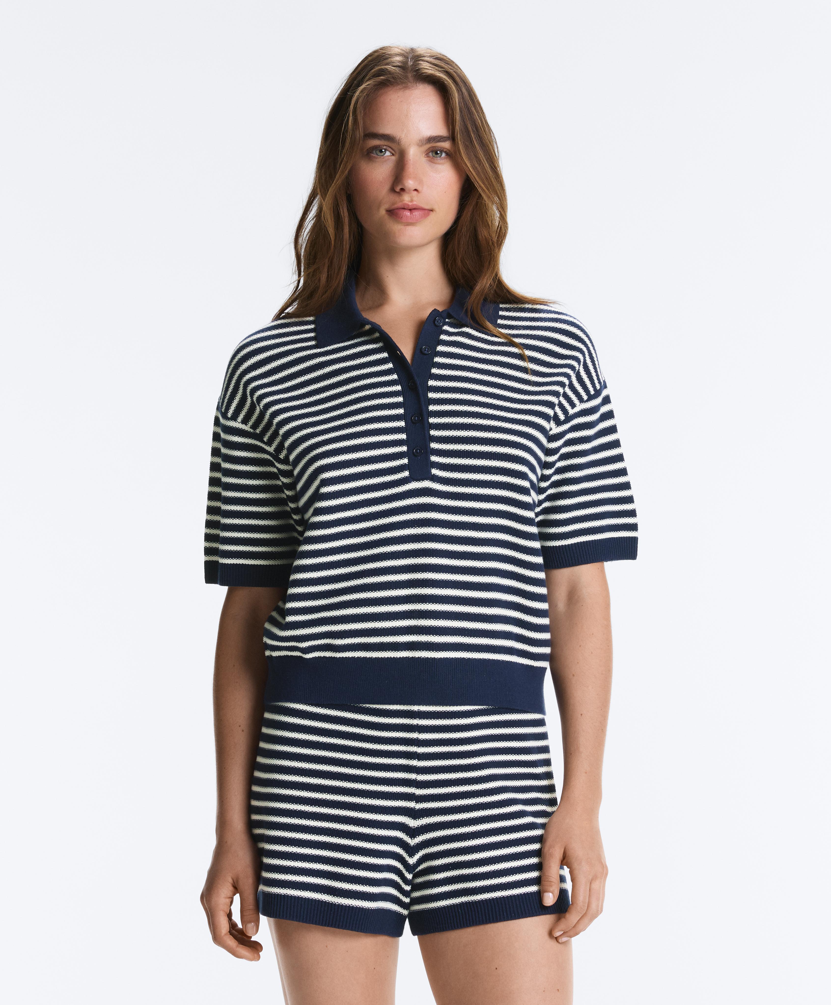 100% cotton striped knit polo shirt — NAVY BLUE
