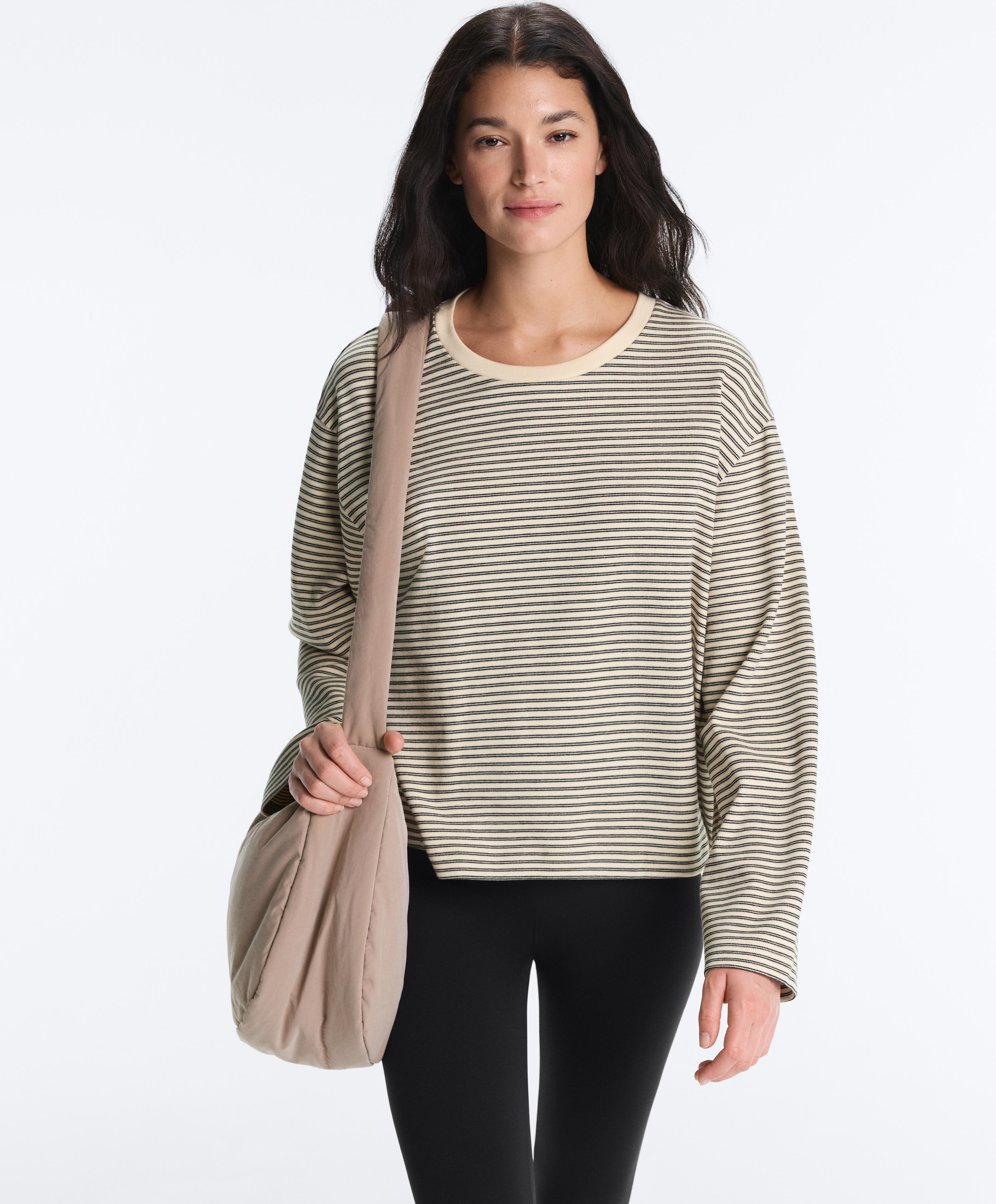 Striped cotton blend long sleeve relaxed T-shirt — WHITE