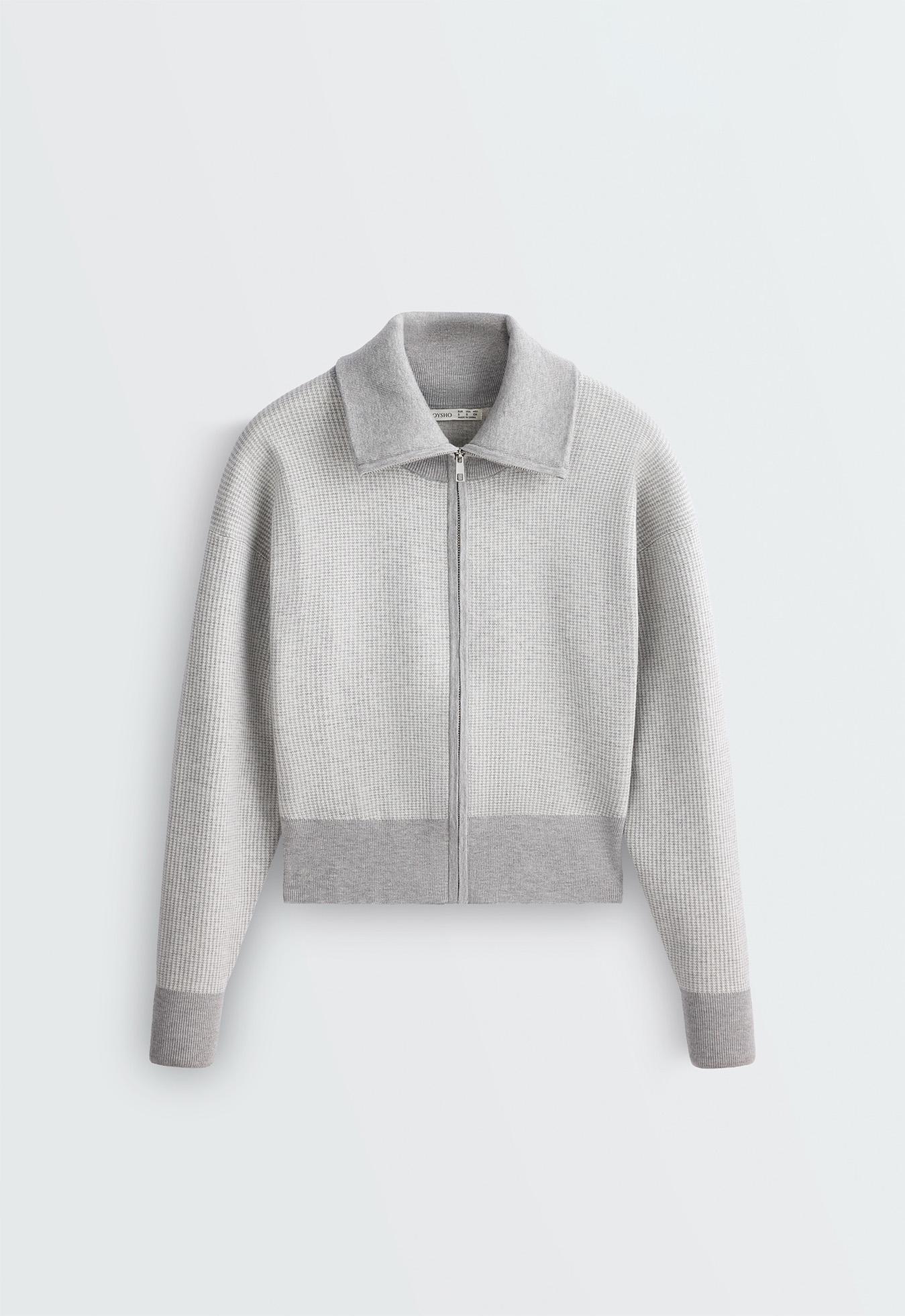 High neck contrast knit jacket — PALE GREY