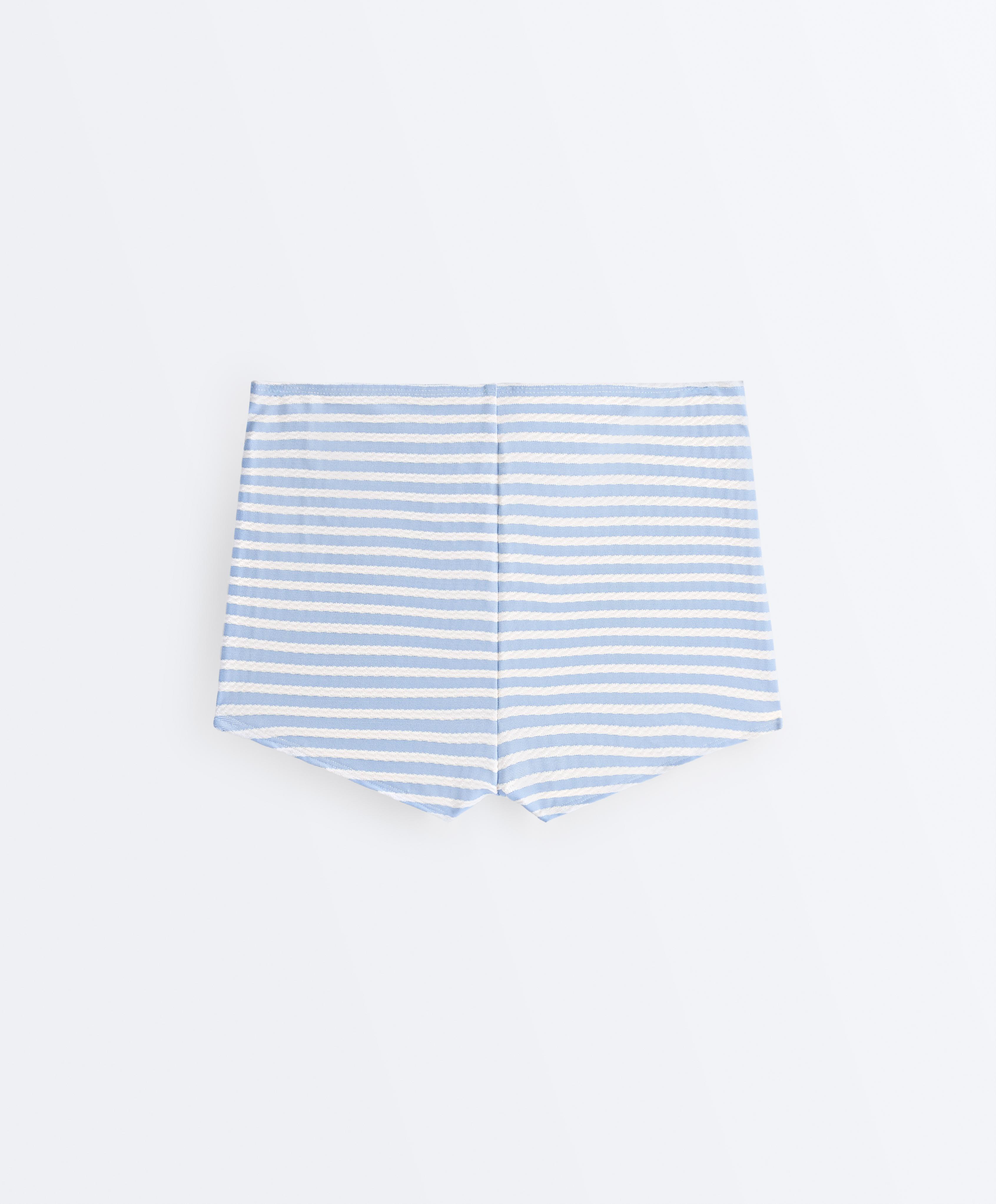 Striped textured high-waisted bikini shorts with belt detail — WASHED SKY BLUE