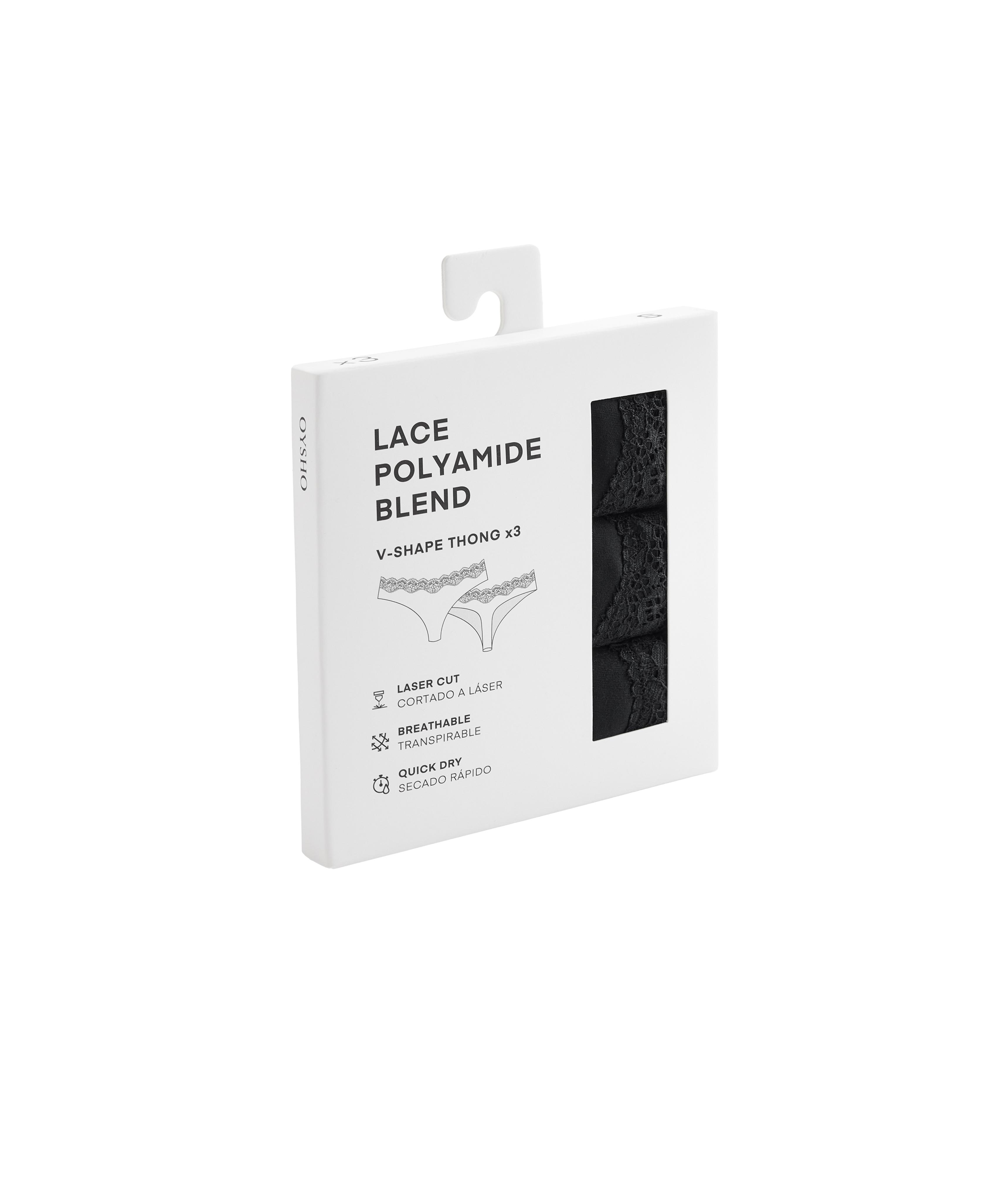 3 laser-cut V-cut lace polyamide blend thongs — BLACK