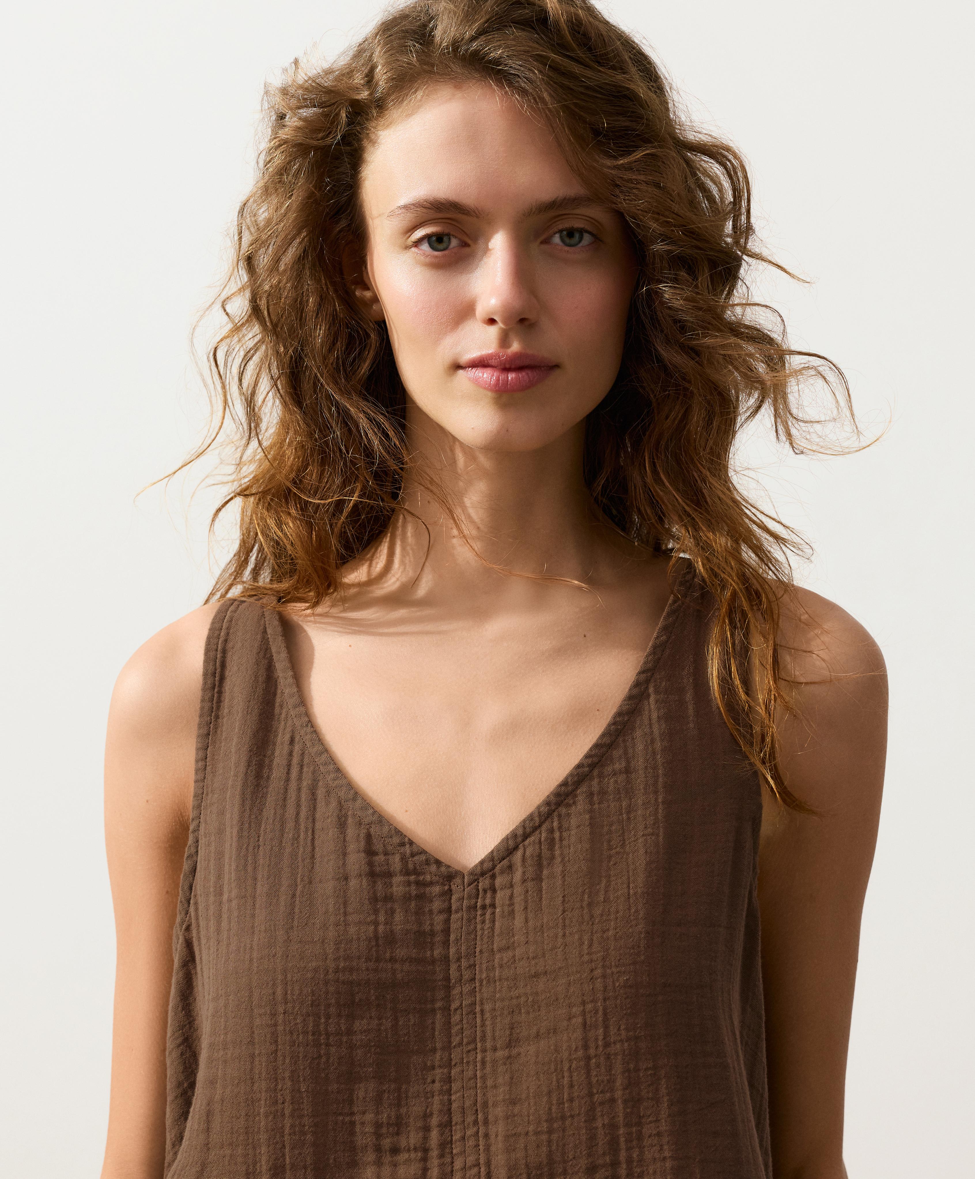 100% cotton gauze V-neck strappy top — TAN