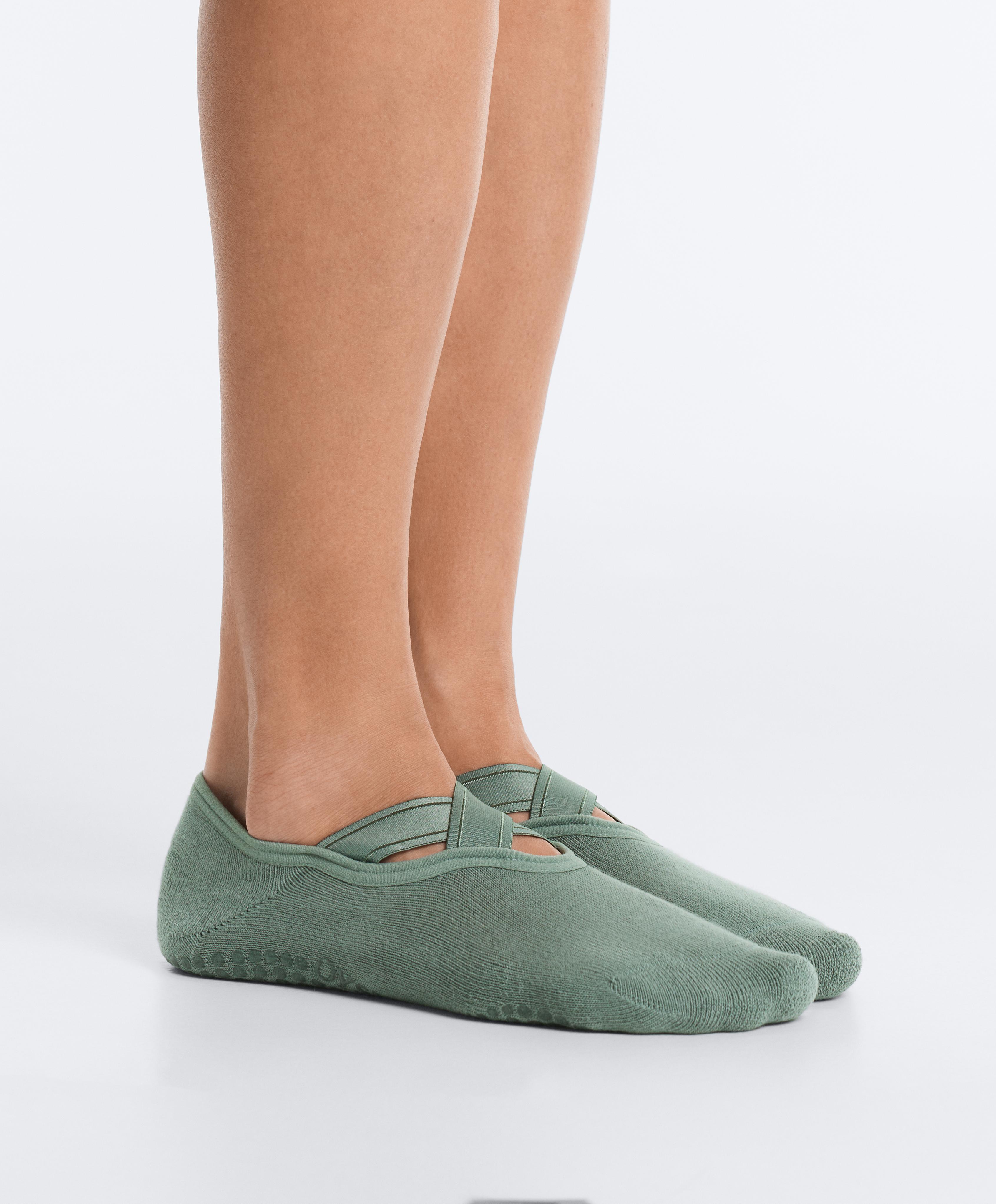 2 pairs of padded cotton blend yoga and Pilates socks with crossover straps — GREY-TURQUOISE