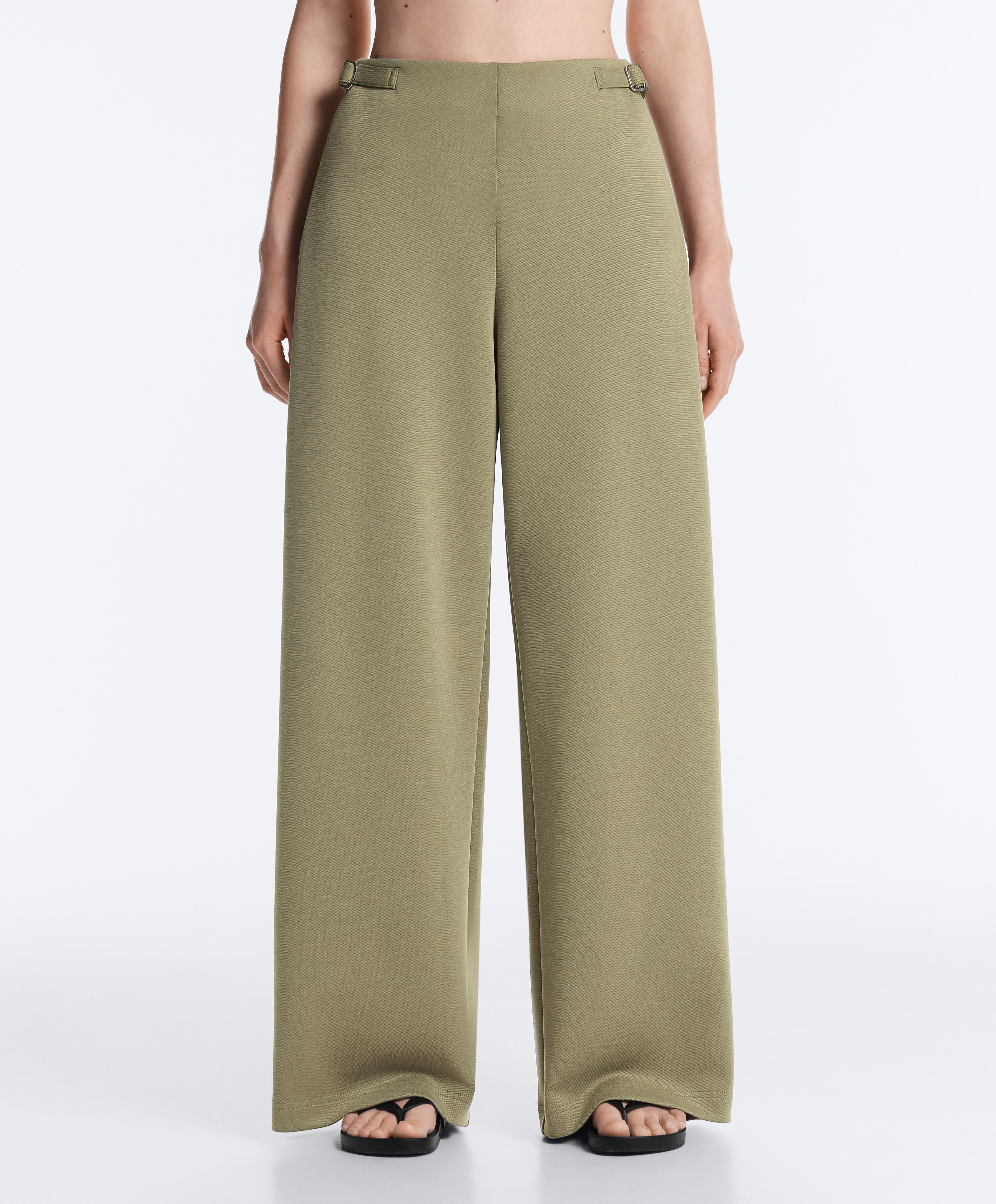 Wide-leg high rise pique trousers with buckles
