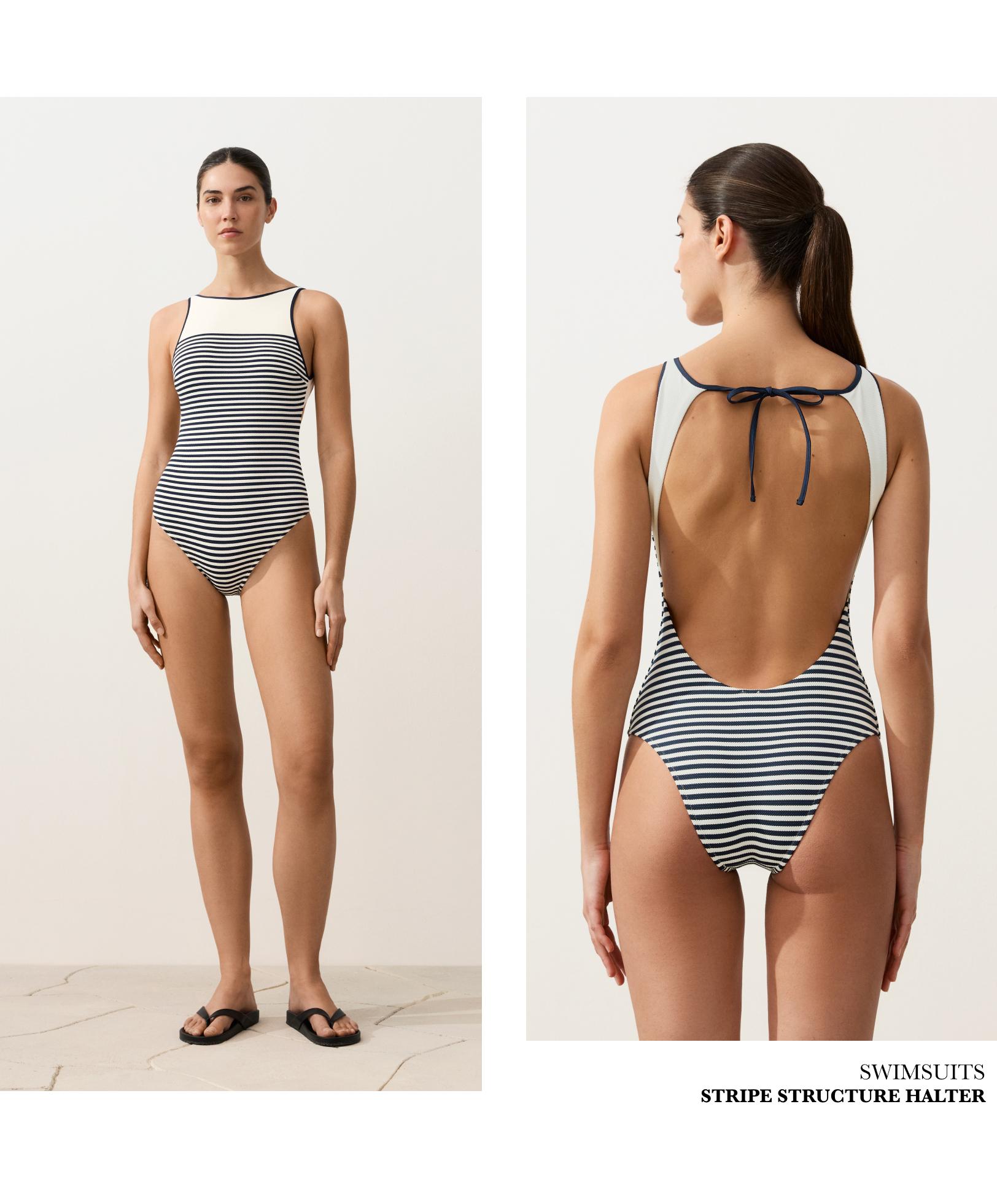 Striped halter swimsuit — PALE ECRU