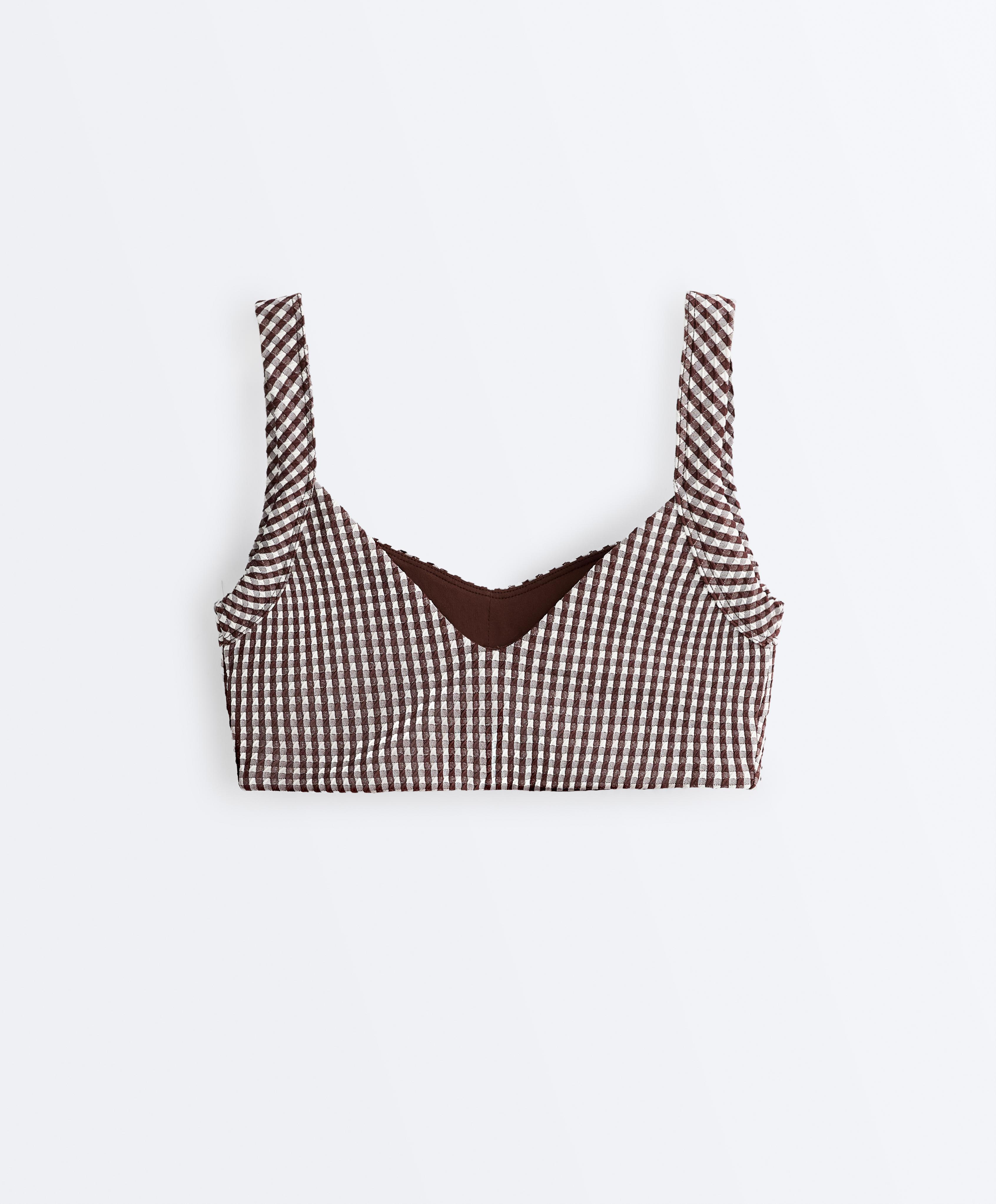 Medium-support gingham sports bra — DARK REDDISH‑BROWN