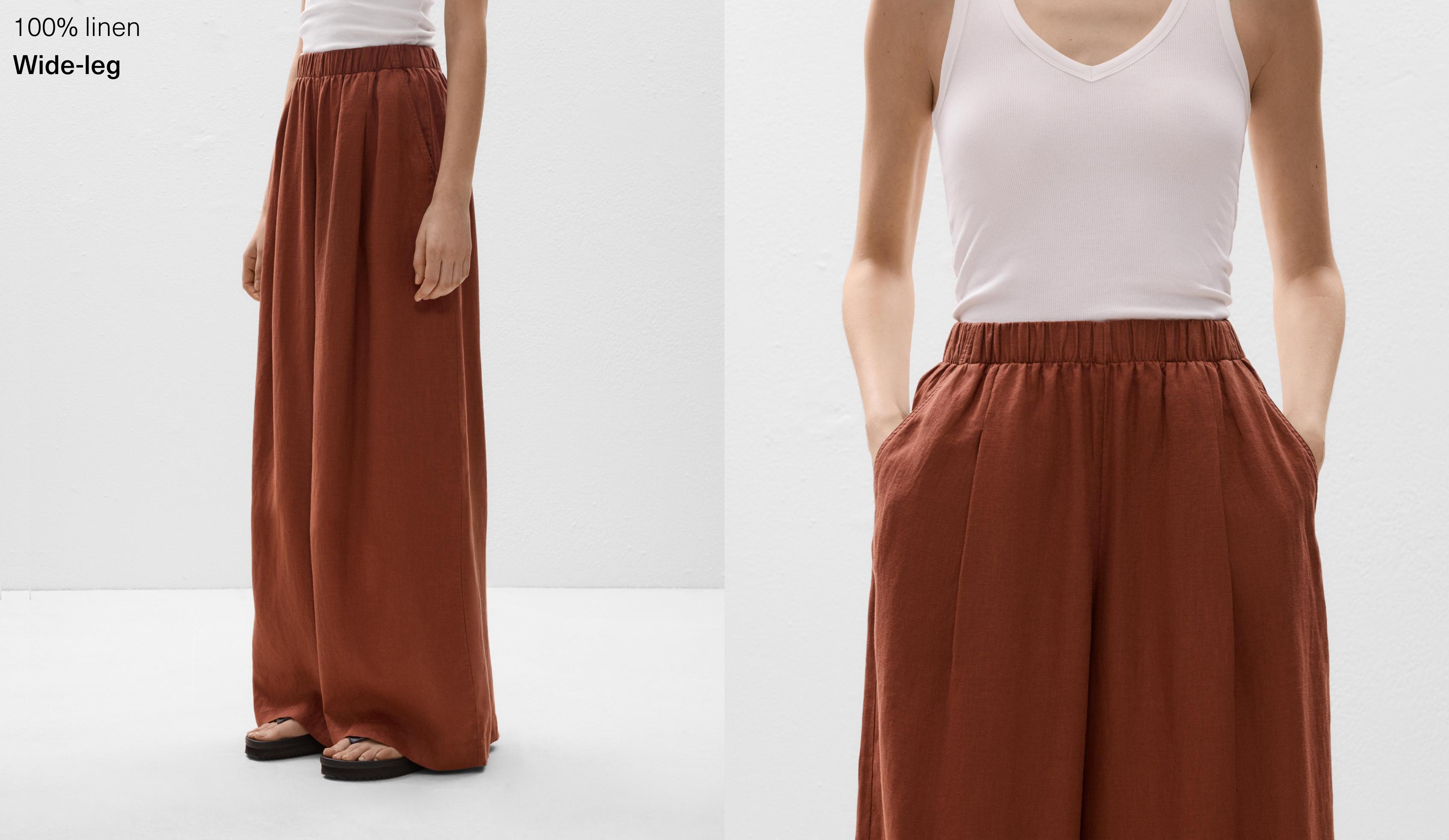 100% linen wide straight-leg trousers