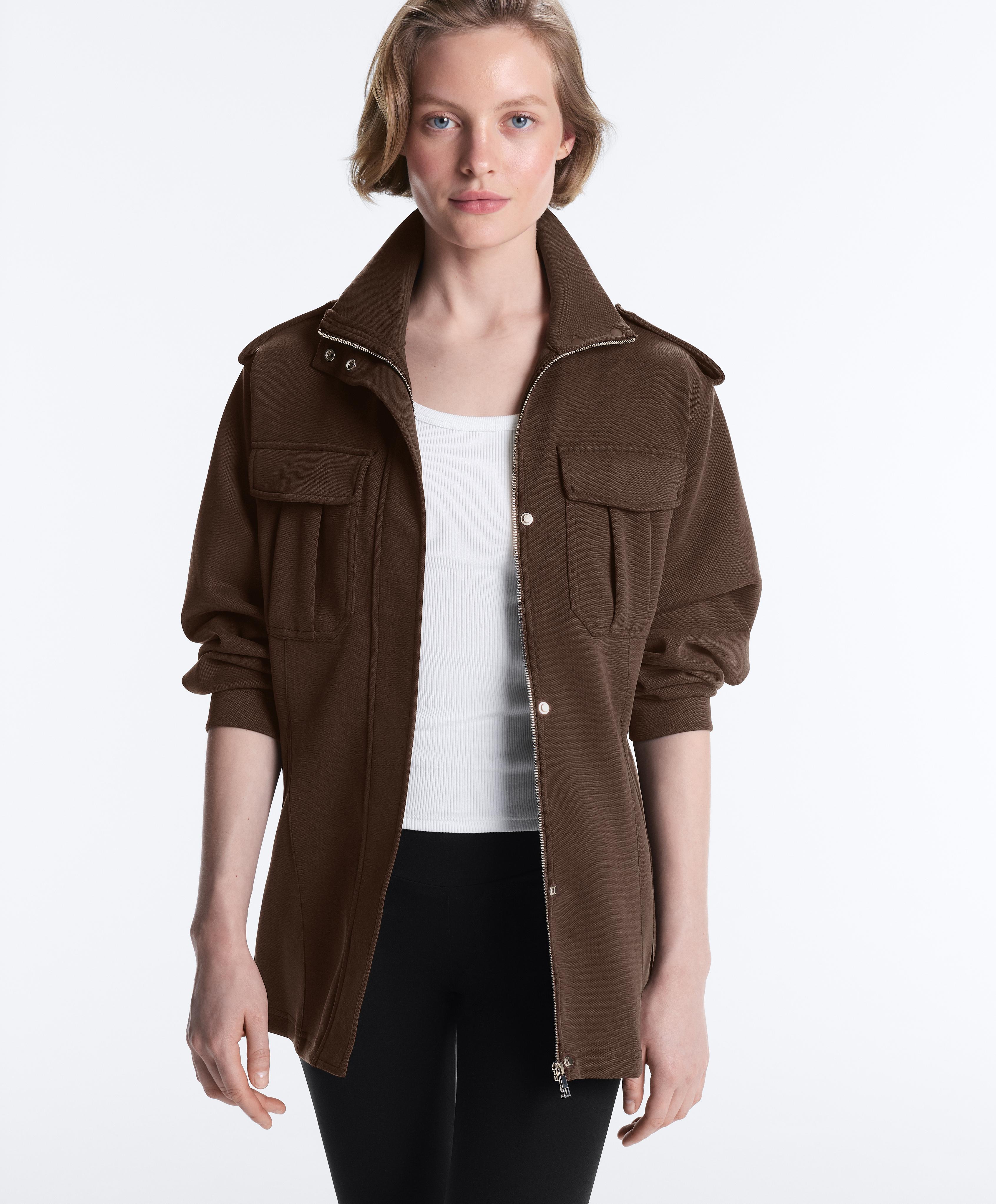 Long utility pique jacket with belt — DARK BROWN