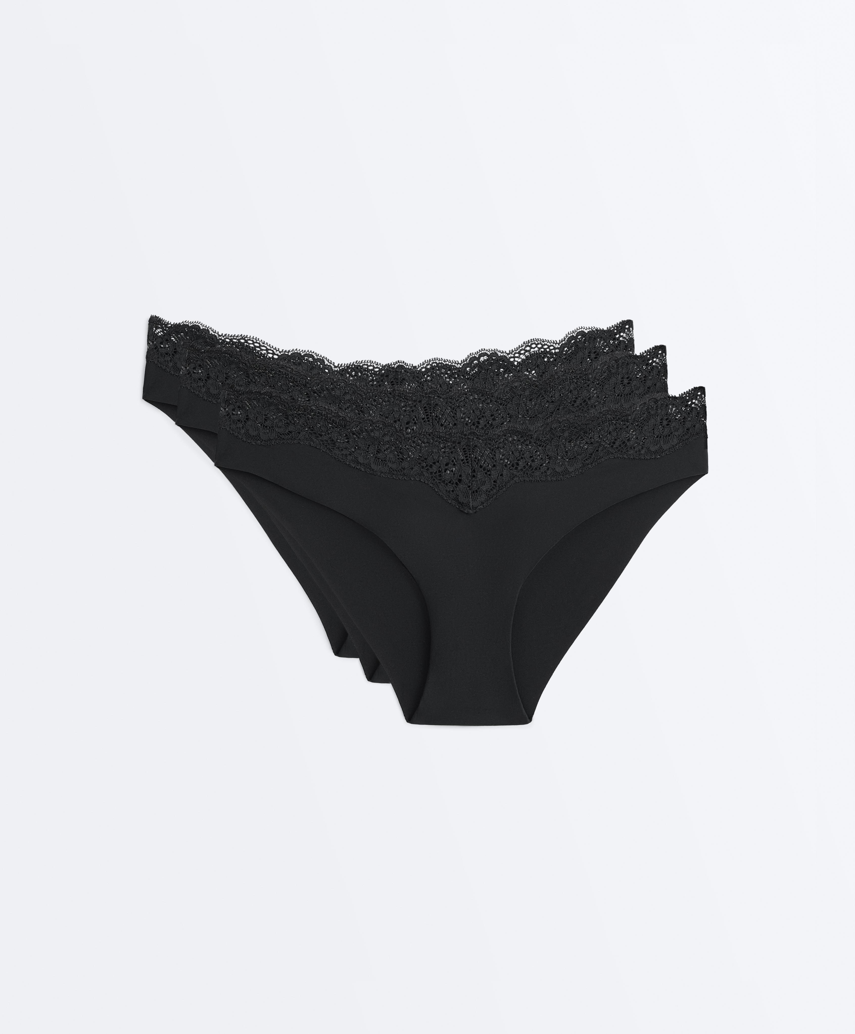 3 laser-cut polyamide blend V-cut lace bikini briefs — BLACK