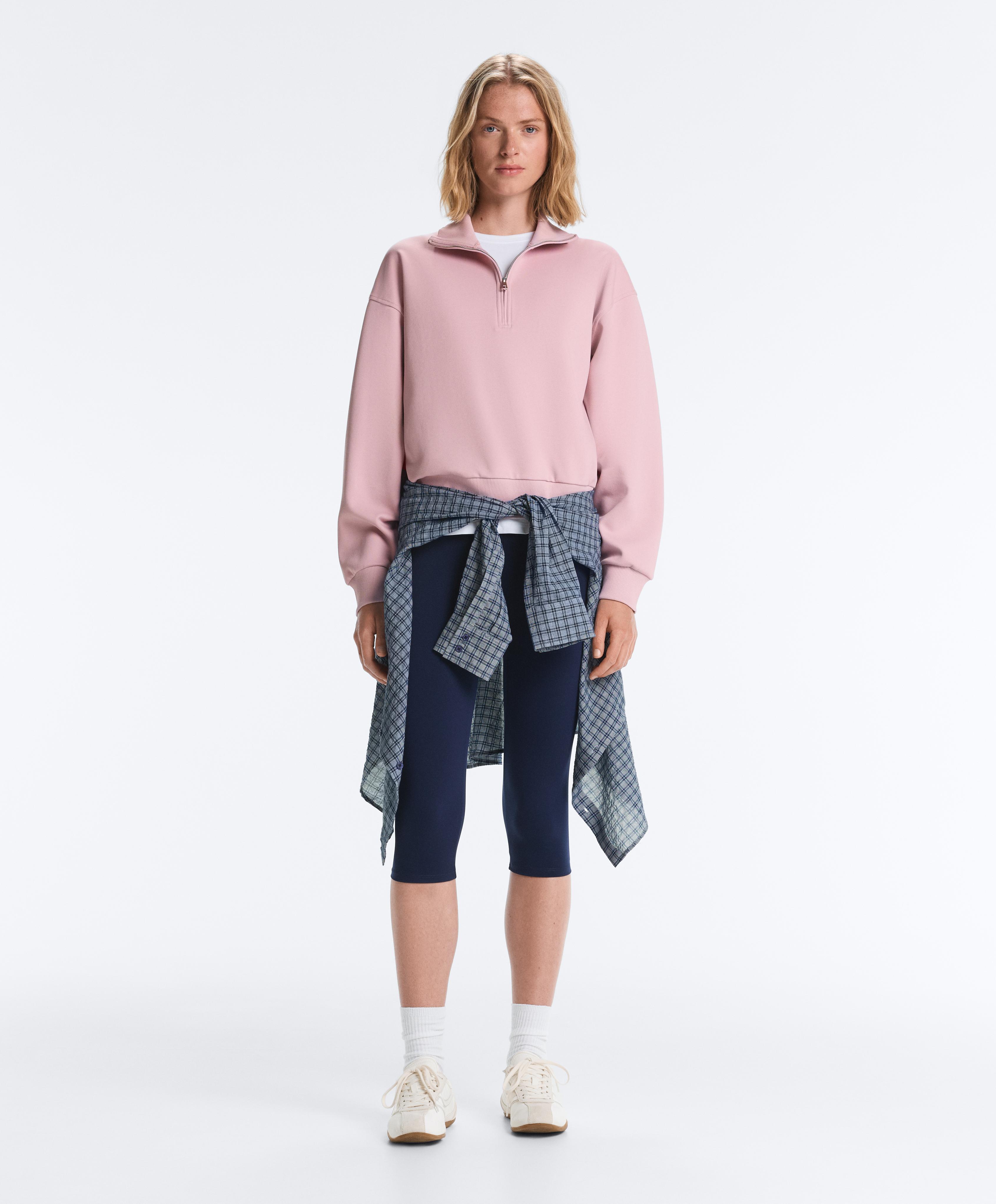 Pique high-neck zip sweatshirt with cotton — PALE PINK