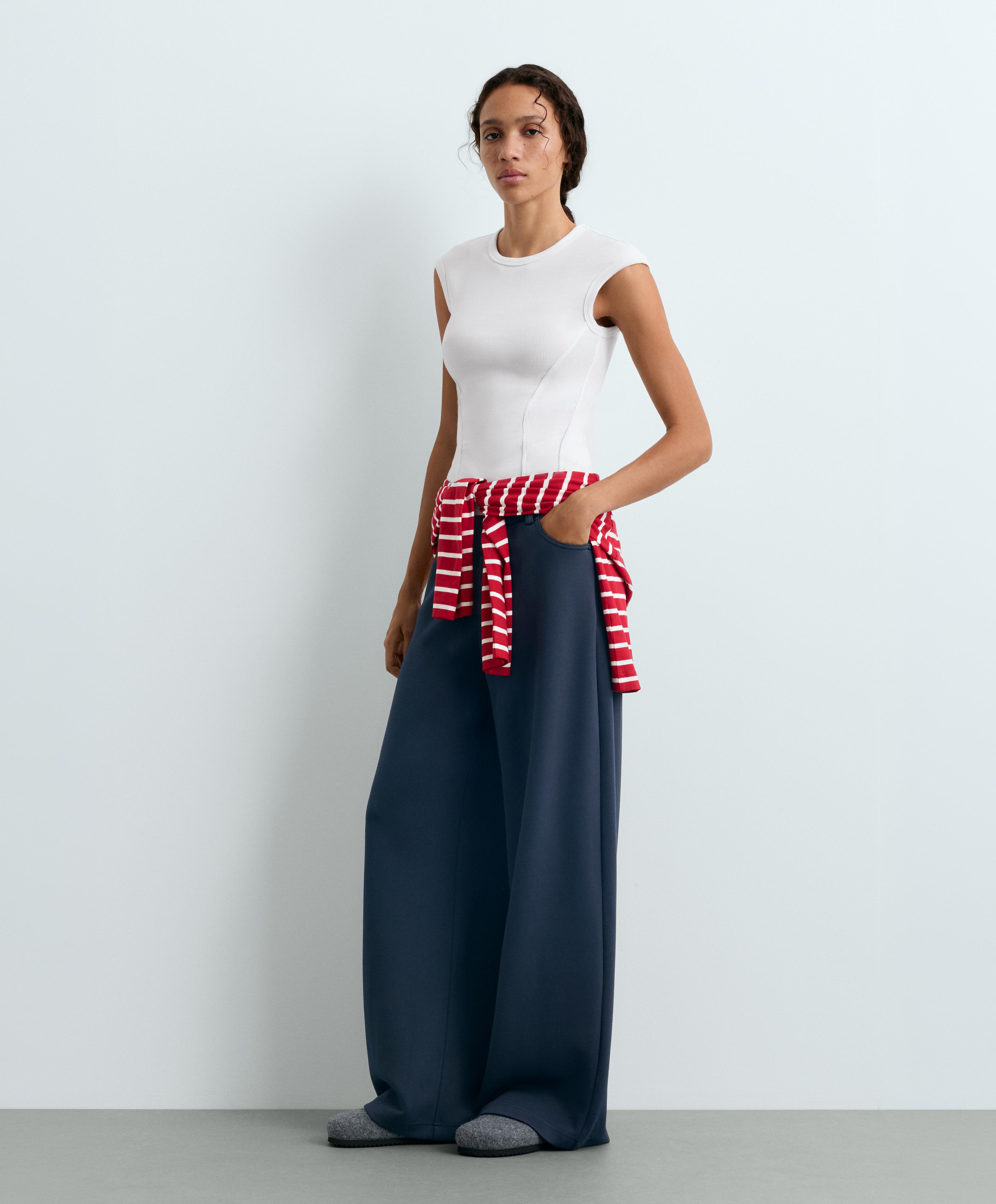 Short-sleeved rib top with cotton and modal — WHITE