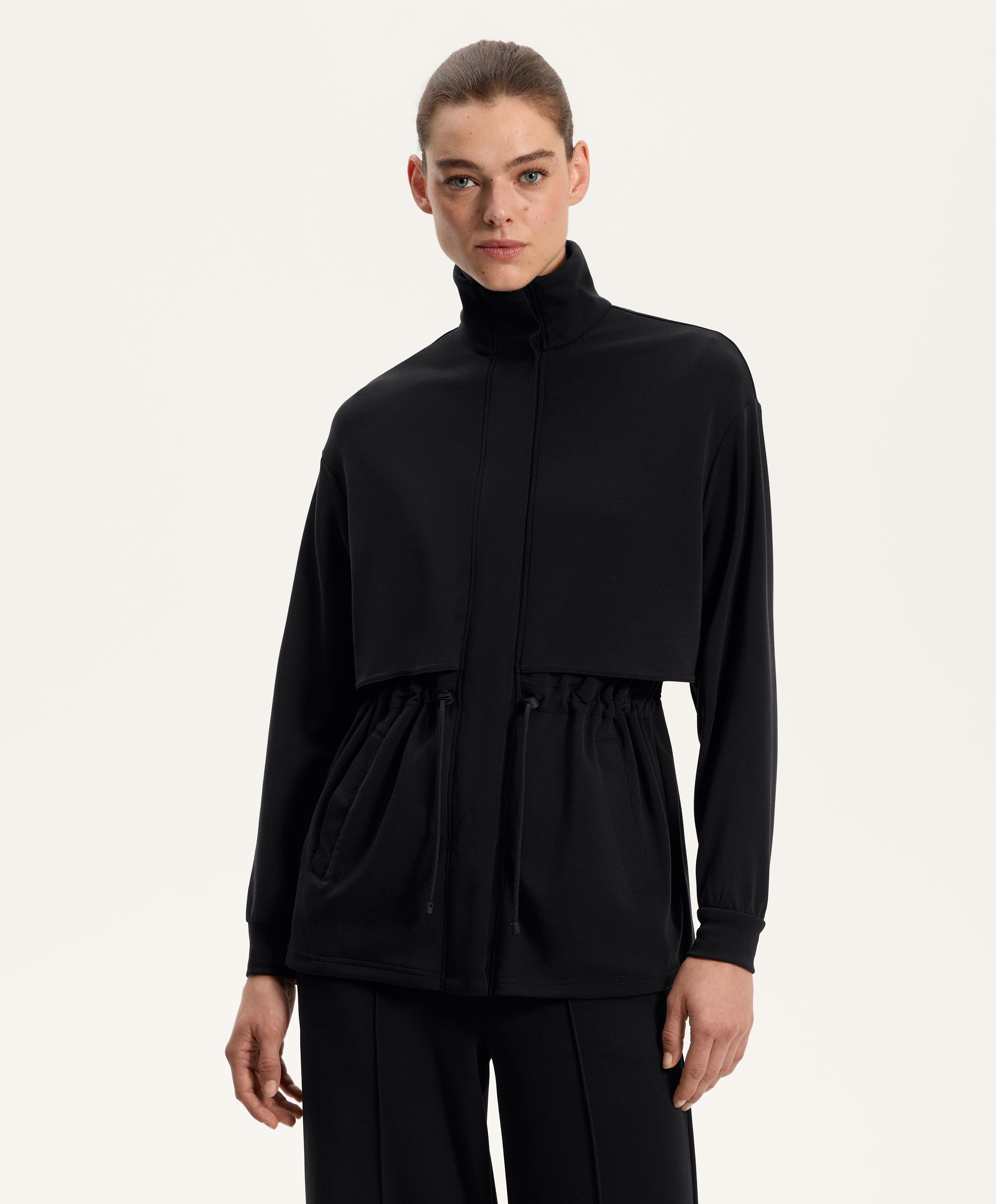 Long soft-touch jacket with modal and pockets — BLACK